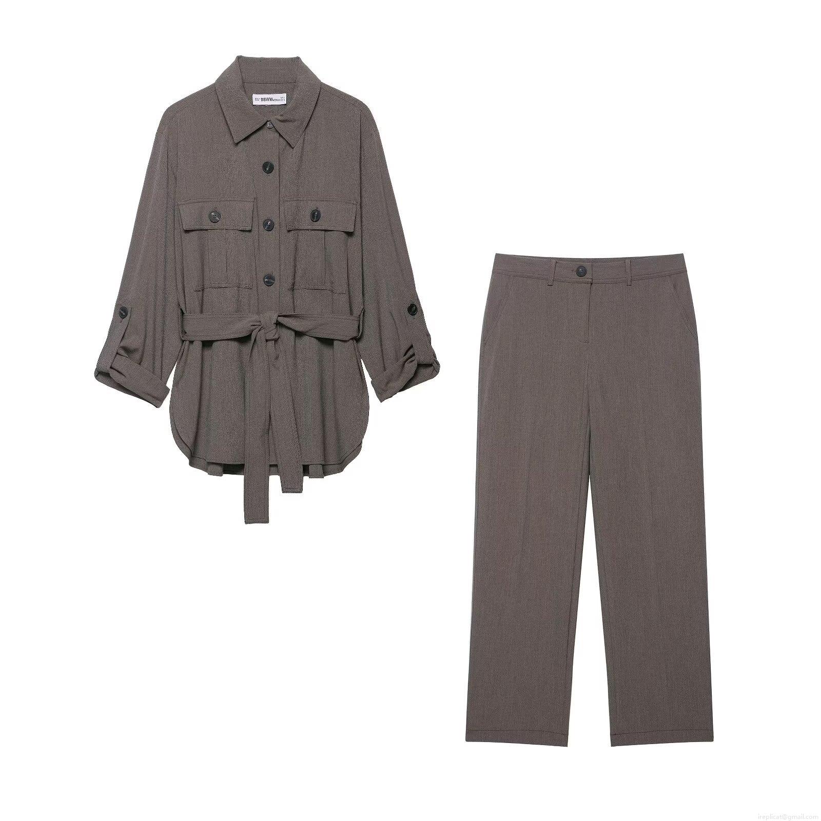 Women's Casual Two Piece Set Solid Color Polyester Long Sleeve Belted Shirt Jacket and High Waist Straight Leg Pants Streetwear Suits Women's Casual Two Piece Set Solid Color Polyester Long Sleeve Belted Shirt Jacket and High Waist Straight Leg Pants Streetwear Suits