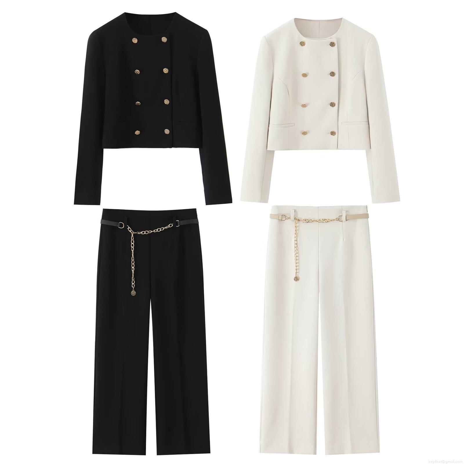 Women's Double-Breasted Short Blazer Jacket And High Waist Wide Leg Pants Two-Piece Set With Chain Belt Solid Color Streetwear Office Lady Suit Outfit Women's Double-Breasted Short Blazer Jacket And High Waist Wide Leg Pants Two-Piece Set With Chain Belt Solid Color Streetwear Office Lady Suit Outfit