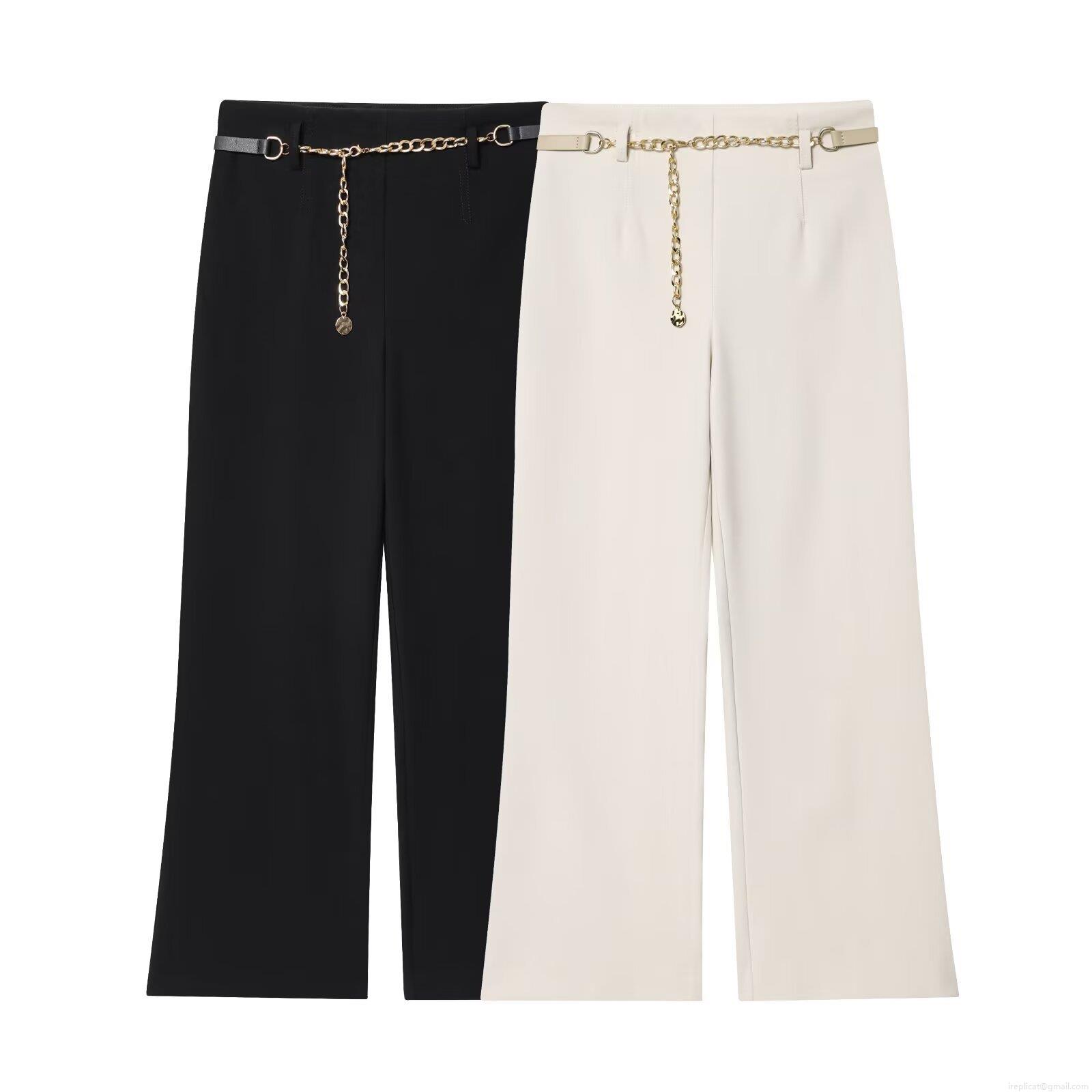 Women\'s Double-Breasted Short Blazer Jacket And High Waist Wide Leg Pants Two-Piece Set With Chain Belt Solid Color Streetwear Office Lady Suit Outfit