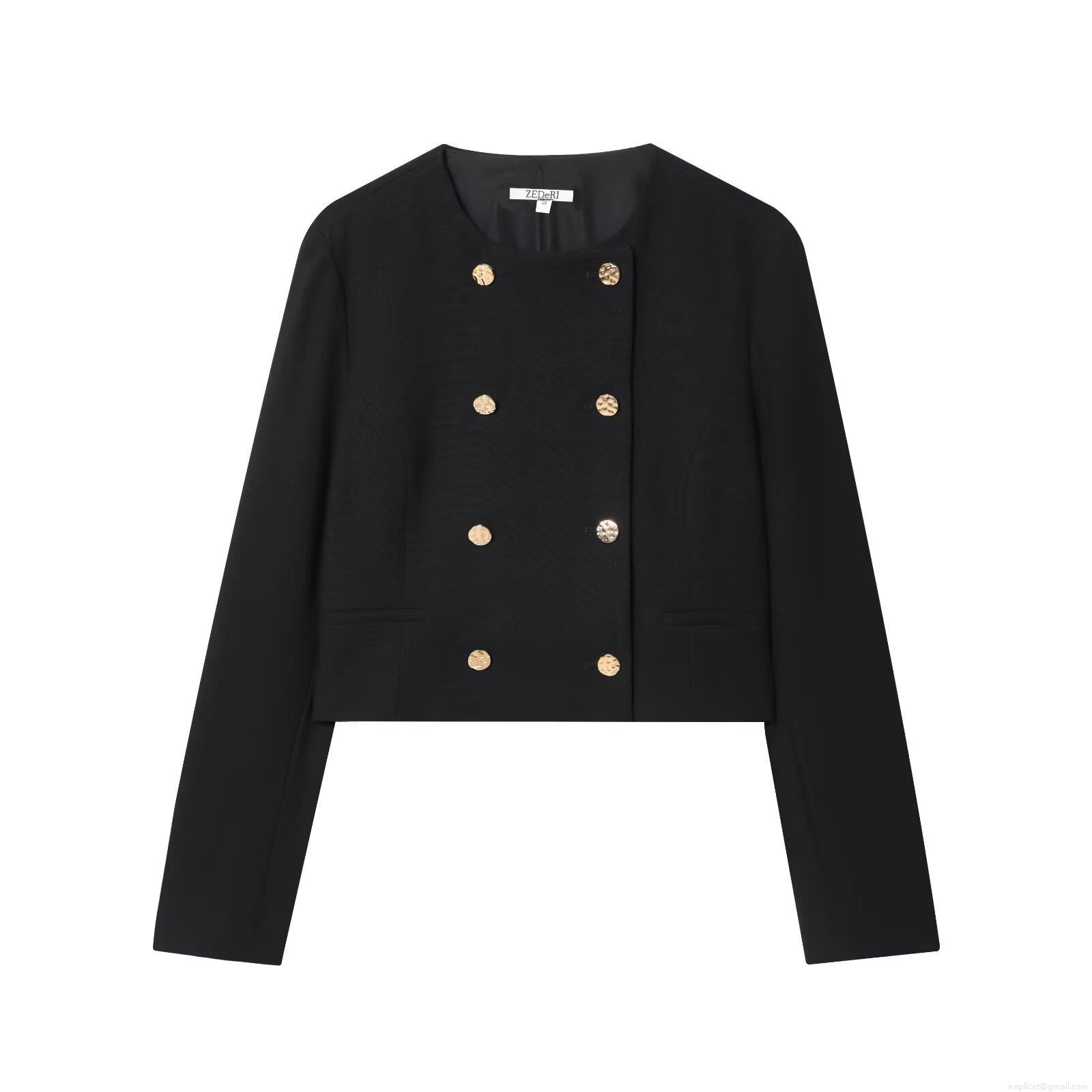 Women\'s Double-Breasted Short Blazer Jacket And High Waist Wide Leg Pants Two-Piece Set With Chain Belt Solid Color Streetwear Office Lady Suit Outfit