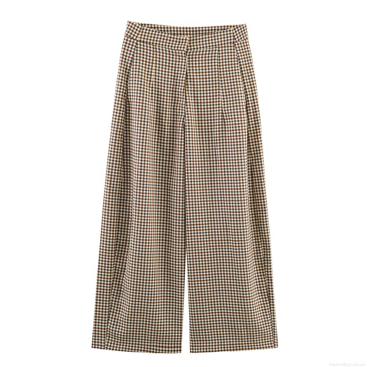 Women\'s Vintage Plaid Blazer and Wide Leg Pants Set 2-Piece Woven Polyester Houndstooth Checked Suit Outfit for Office Casual Streetwear
