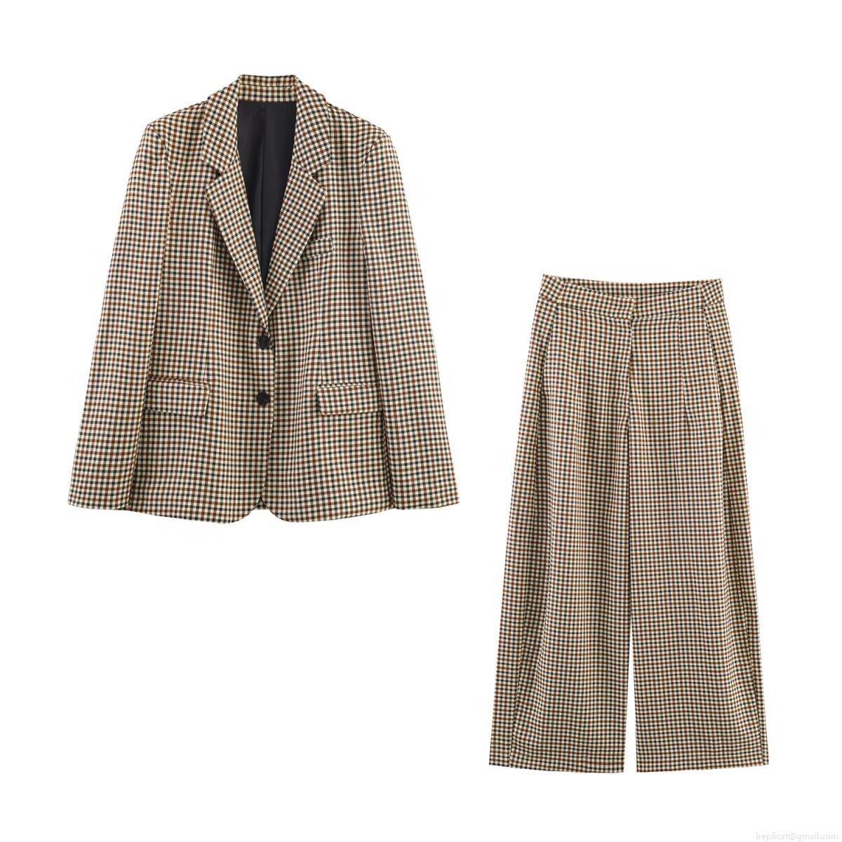 Women\'s Vintage Plaid Blazer and Wide Leg Pants Set 2-Piece Woven Polyester Houndstooth Checked Suit Outfit for Office Casual Streetwear