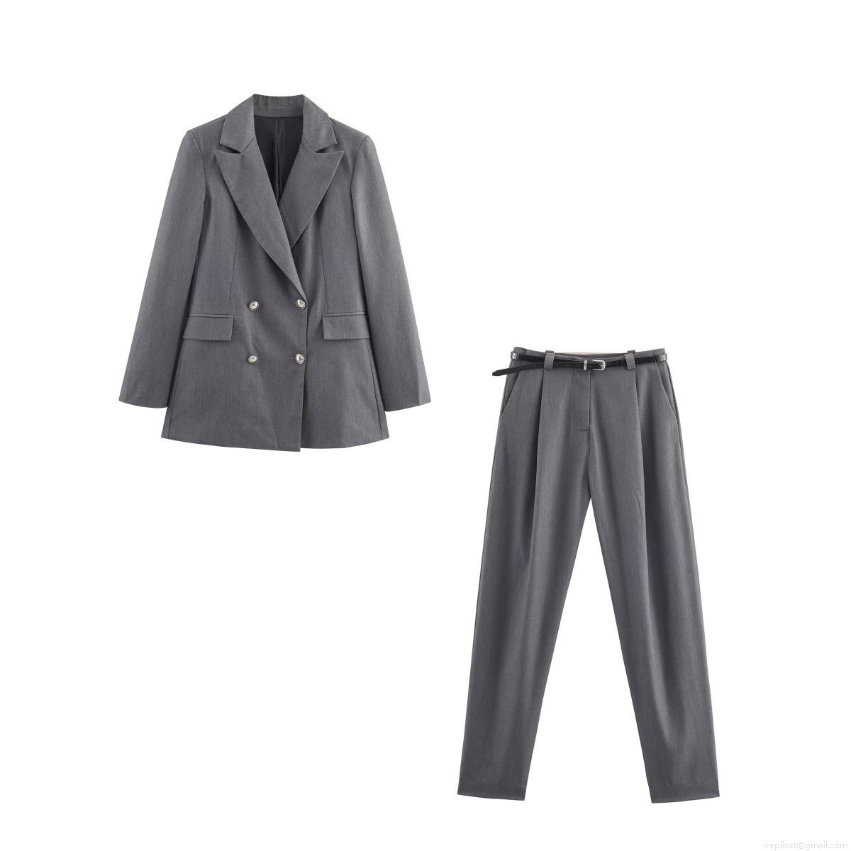 Women's Two Piece Blazer Suit Set Double-Breasted Grey Blazer Jacket With Notch Lapel And Matching High Waist Straight Leg Pants With Belt Business Casual Office Outfits Streetwear Women's Two Piece Blazer Suit Set Double-Breasted Grey Blazer Jacket With Notch Lapel And Matching High Waist Straight Leg Pants With Belt Business Casual Office Outfits Streetwear