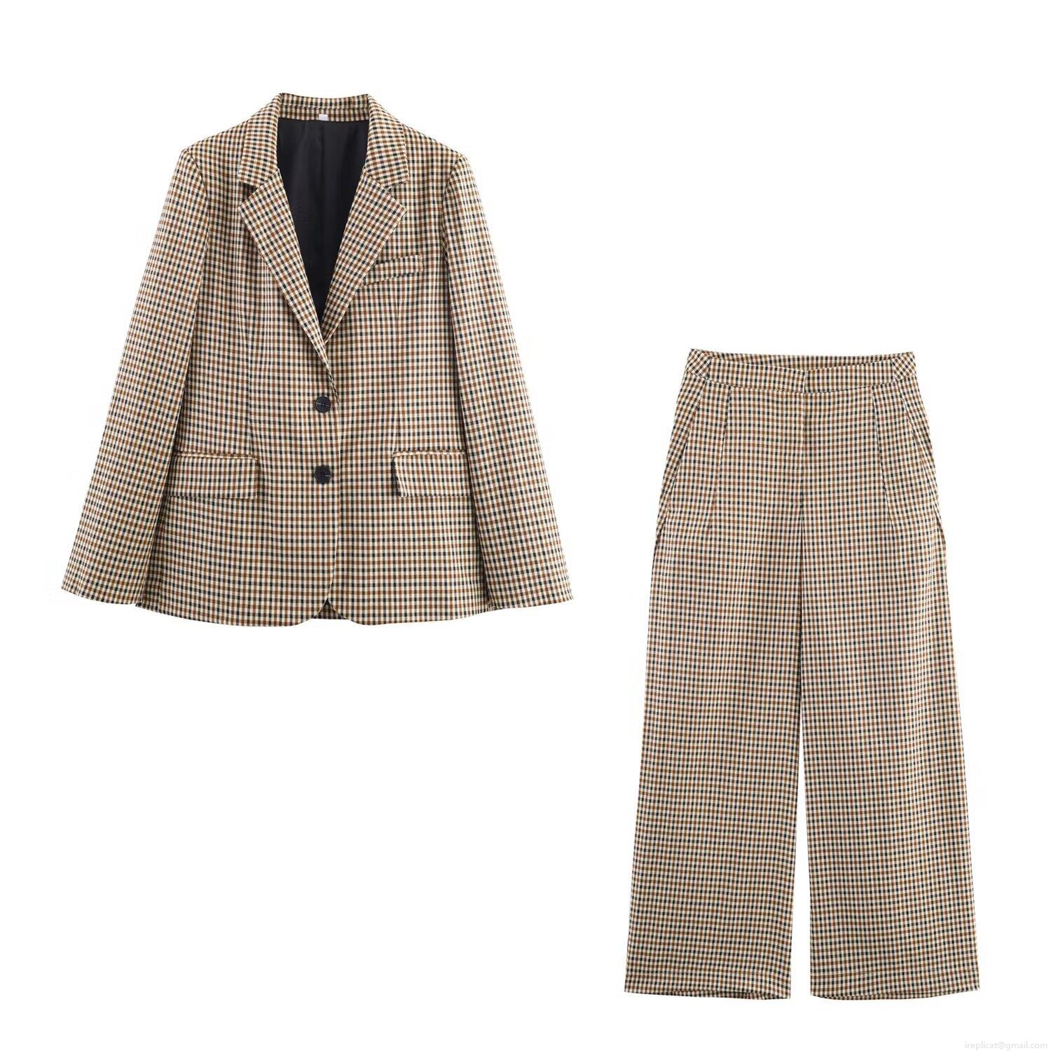 Women's British Retro Plaid Blazer And Wide Leg Pants Two Piece Suit Set Autumn Western Style Commuting Office Long Sleeve Outfit Women's British Retro Plaid Blazer And Wide Leg Pants Two Piece Suit Set Autumn Western Style Commuting Office Long Sleeve Outfit