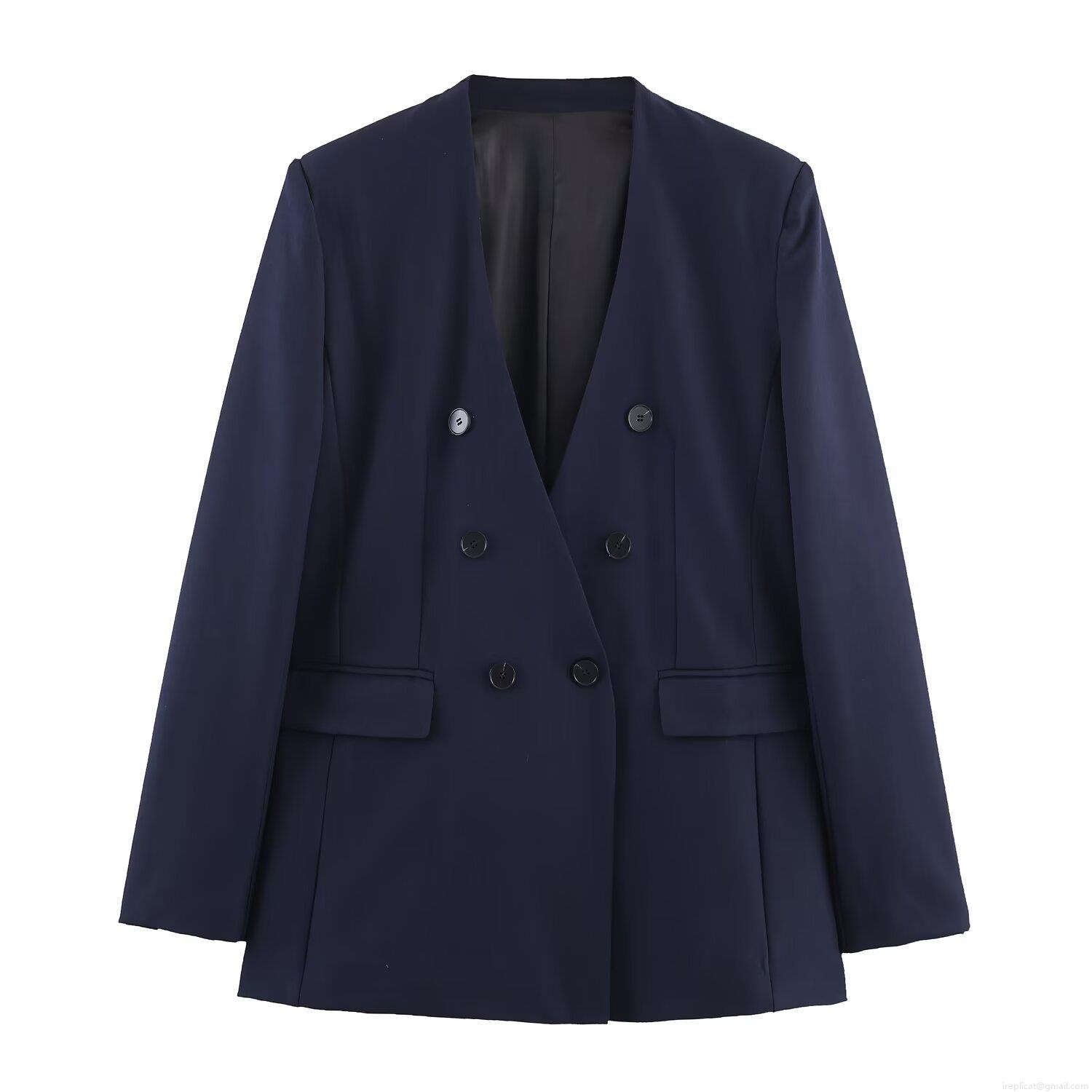 Women\'s Professional Office Suit Set No-Collar Double Breasted Blazer and Straight Leg Pants 2 Piece Set Autumn Western Style Commuter Polyester Solid Color Deep Blue Business Outfit