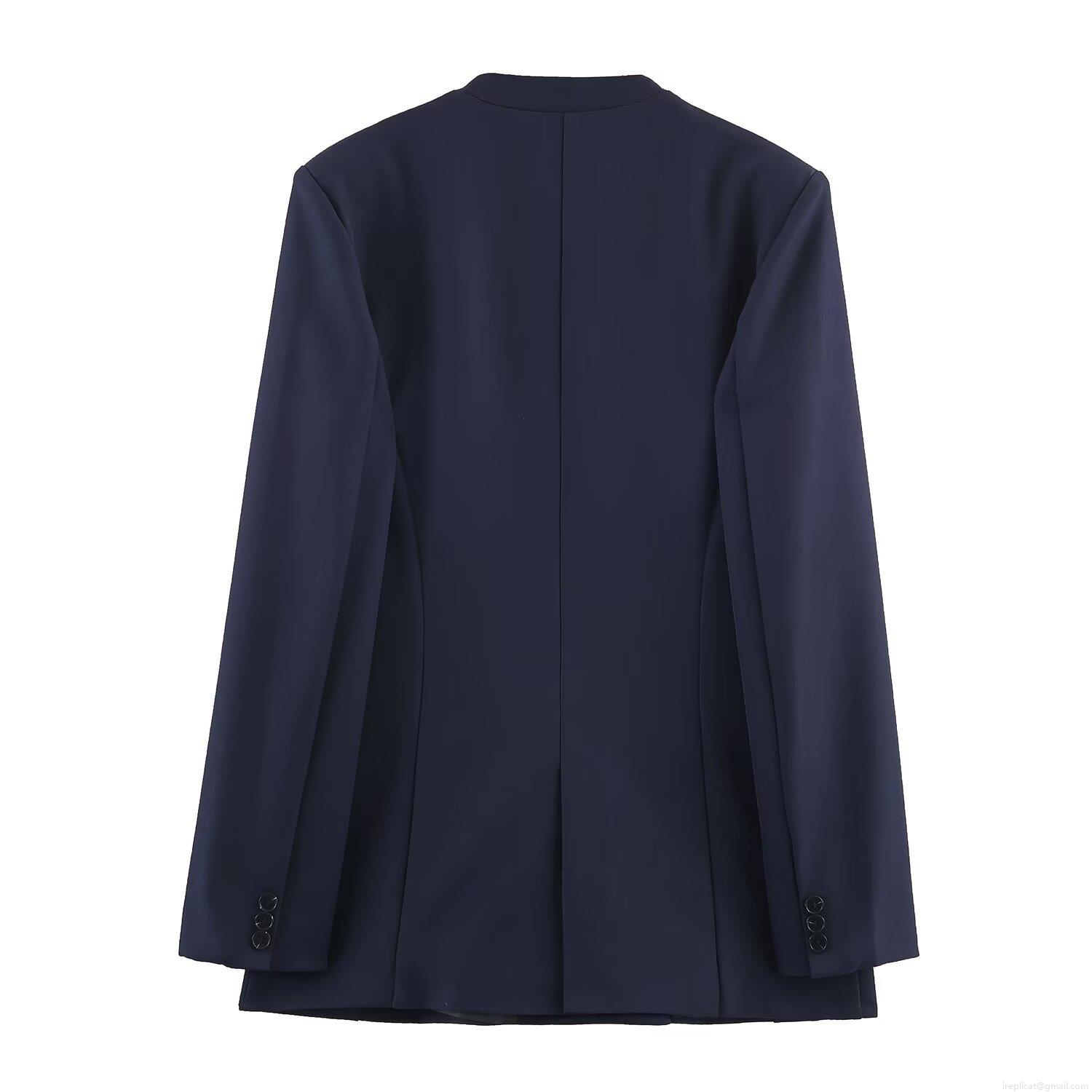 Women\'s Professional Office Suit Set No-Collar Double Breasted Blazer and Straight Leg Pants 2 Piece Set Autumn Western Style Commuter Polyester Solid Color Deep Blue Business Outfit