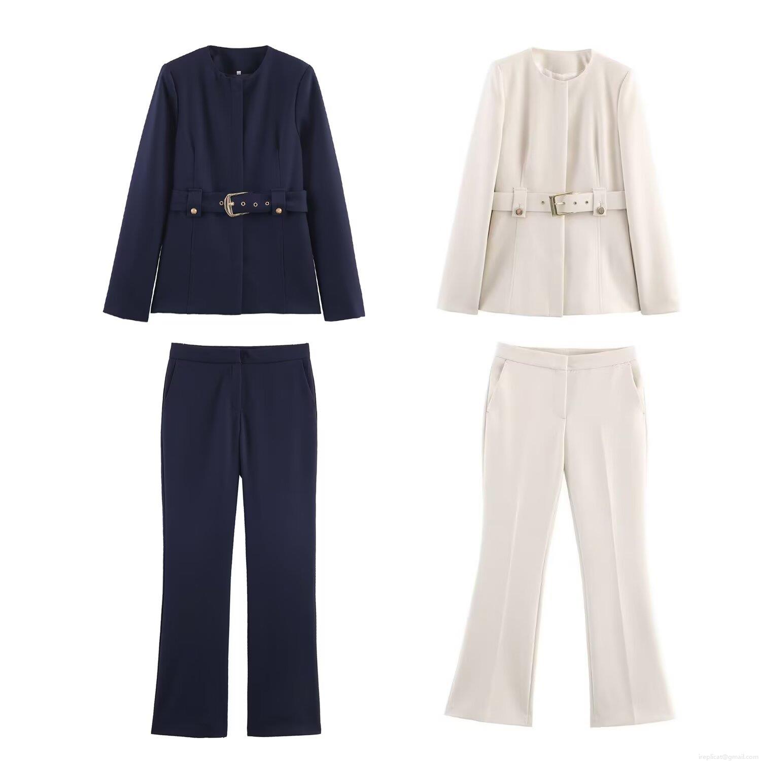 Women's Elegant 2 Piece Suit Set Solid Color Polyester Round Neck Blazer With Metal Buckle Belt And Flare Pants Outfits Office Lady Streetwear Workwear Sets Women's Elegant 2 Piece Suit Set Solid Color Polyester Round Neck Blazer With Metal Buckle Belt And Flare Pants Outfits Office Lady Streetwear Workwear Sets