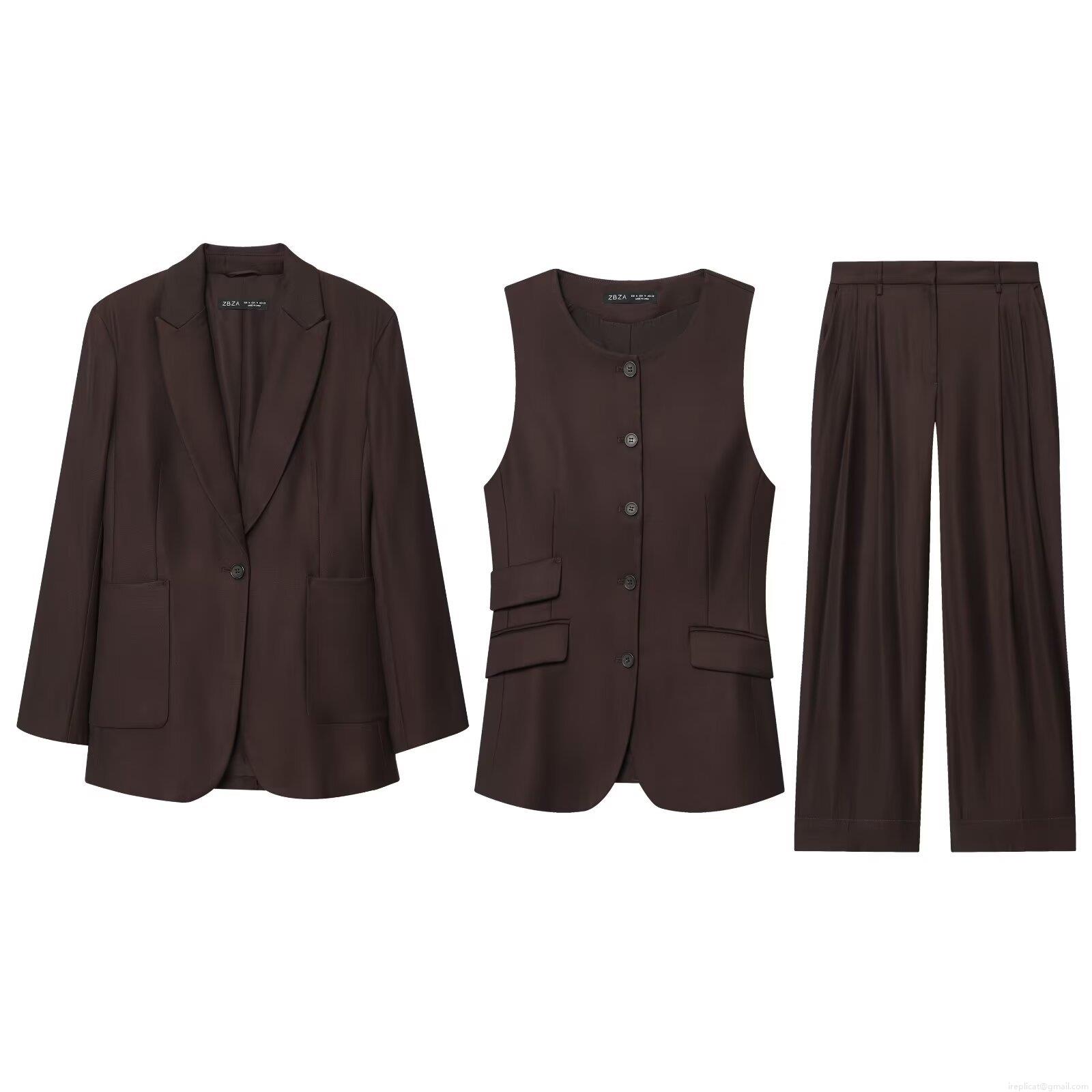 Women\'s Solid Dark Brown 3-Piece Suit Set Professional Office Chic Blazer Waistcoat Vest And Wide Leg Pants Polyester Elegant Commuter Streetwear Outfit Women\'s Solid Dark Brown 3-Piece Suit Set Professional Office Chic Blazer Waistcoat Vest And Wide Leg Pants Polyester Elegant Commuter Streetwear Outfit