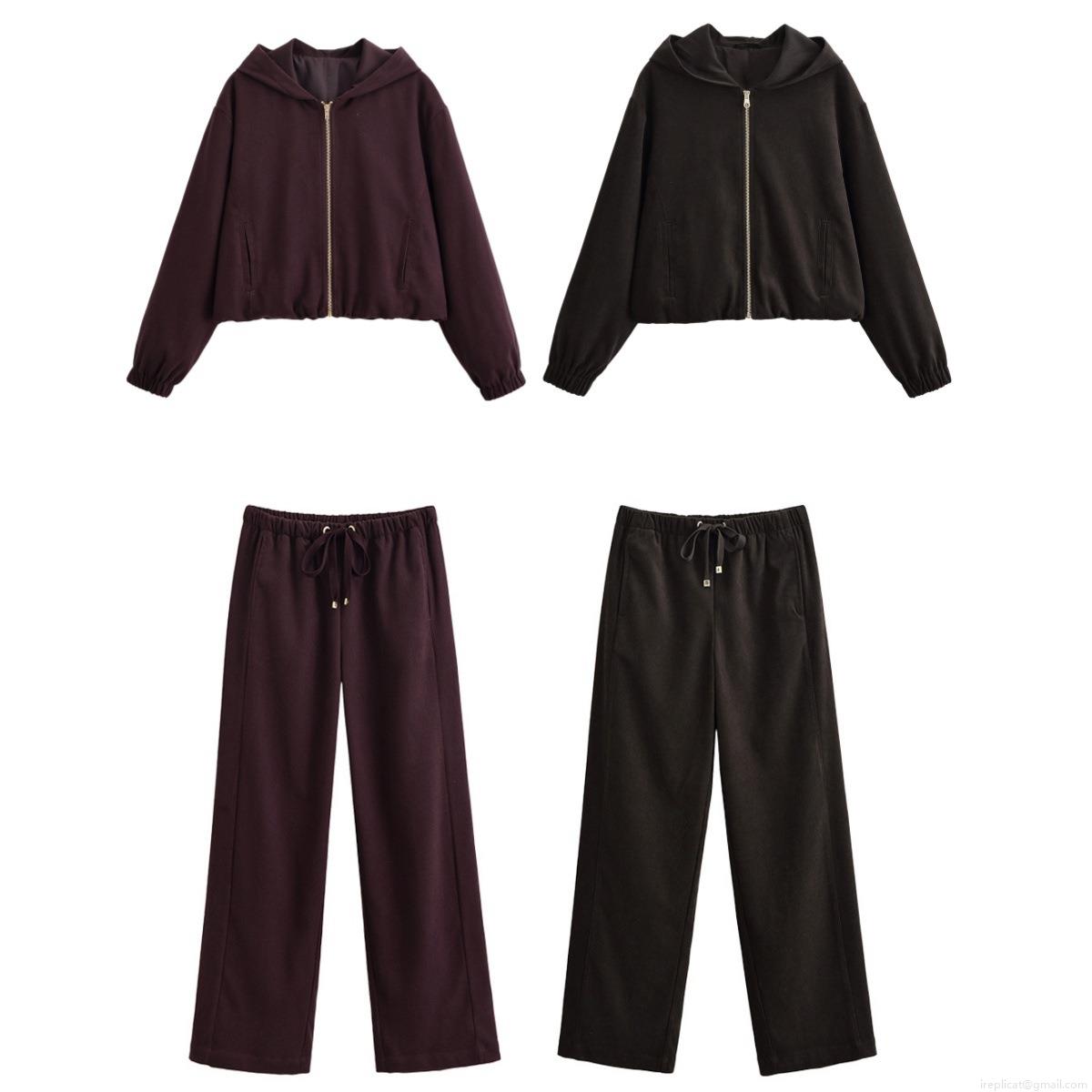 Women's Casual Hooded Zipper Jacket and Drawstring Wide Leg Pants Two Piece Set Polyester Solid Color Streetwear Tracksuit Outfits for Women Autumn Winter Women's Casual Hooded Zipper Jacket and Drawstring Wide Leg Pants Two Piece Set Polyester Solid Color Streetwear Tracksuit Outfits for Women Autumn Winter