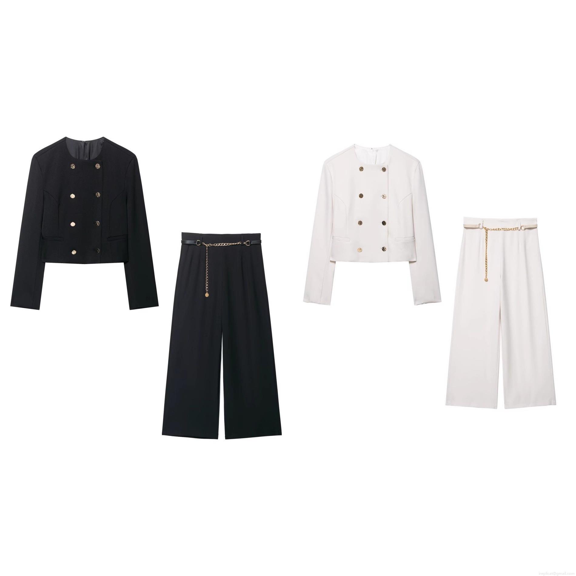 Women Double Breasted Short Blazer And Wide Leg Pants 2 Piece Set With Metal Chain Belt Solid Color High Waist Suit For Streetwear Office Party Casual Outfits Women Double Breasted Short Blazer And Wide Leg Pants 2 Piece Set With Metal Chain Belt Solid Color High Waist Suit For Streetwear Office Party Casual Outfits