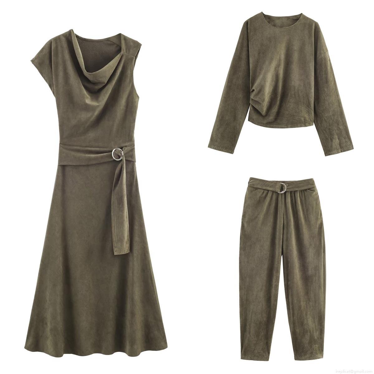 Women's 3-Piece Faux Suede Casual Set Long Sleeve Round Neck Top Asymmetrical Sleeveless Dress Belted Balloon Pants Streetwear Autumn Olive Green Women's 3-Piece Faux Suede Casual Set Long Sleeve Round Neck Top Asymmetrical Sleeveless Dress Belted Balloon Pants Streetwear Autumn Olive Green