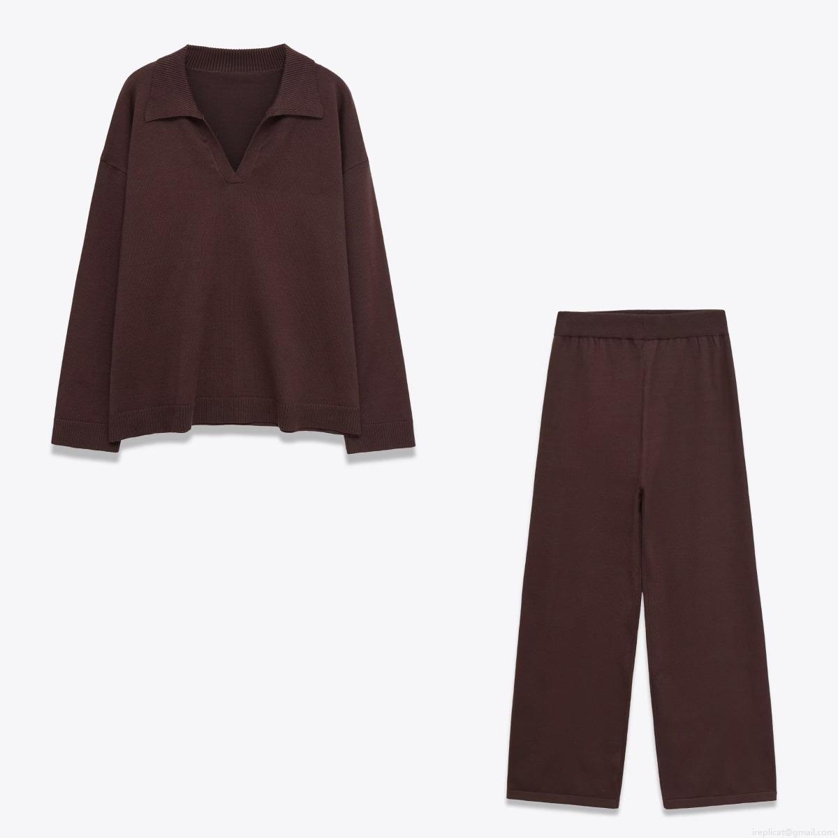 Women's 2-Piece Knit Set Long Sleeve Polo V-Neck Pullover Top And High Waist Wide Leg Pants Casual Solid Color Outfits For Autumn Winter Women's 2-Piece Knit Set Long Sleeve Polo V-Neck Pullover Top And High Waist Wide Leg Pants Casual Solid Color Outfits For Autumn Winter