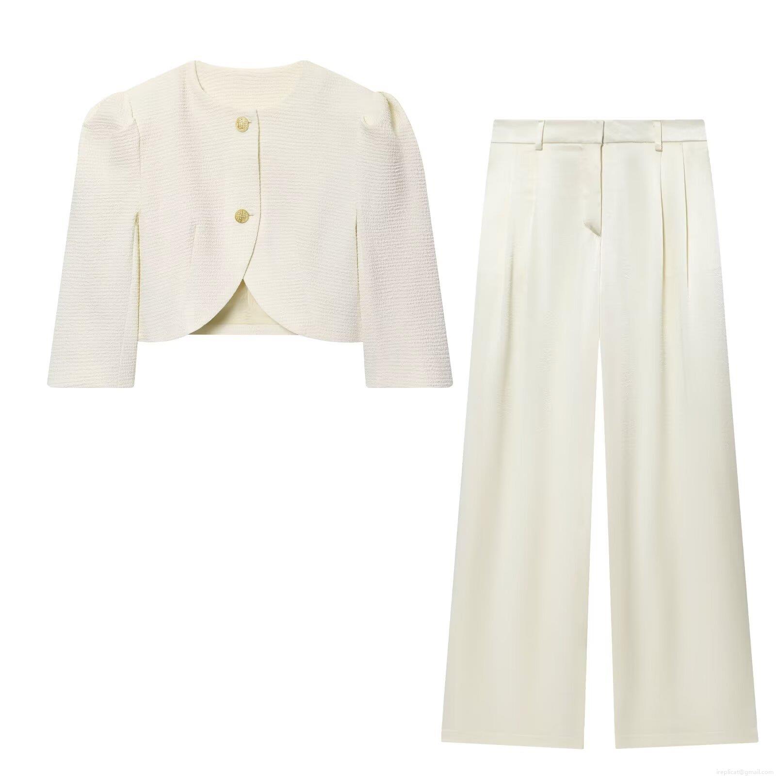 Women's Elegant Tweed Cropped Blazer And Satin Wide Leg Pants Two Piece Set With Gold Buttons Puff Sleeve Western Street Style Outfit For Ladies Autumn Fall Women's Elegant Tweed Cropped Blazer And Satin Wide Leg Pants Two Piece Set With Gold Buttons Puff Sleeve Western Street Style Outfit For Ladies Autumn Fall