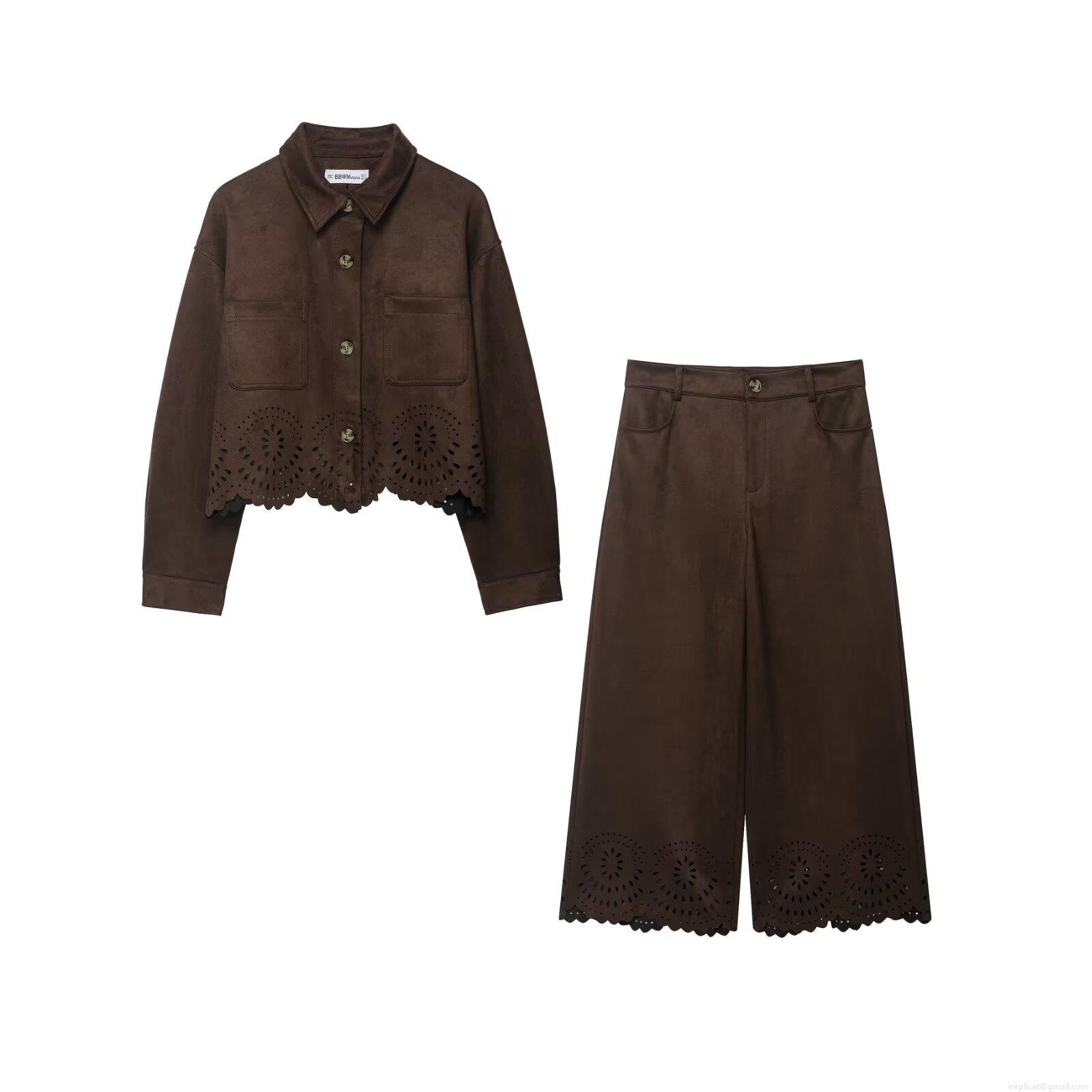 Women Faux Suede 2 Piece Set Laser Cut Flower Embroidery Crop Jacket And High Waist Wide Leg Pants Vintage Autumn Streetwear Dark Brown Outfits Women Faux Suede 2 Piece Set Laser Cut Flower Embroidery Crop Jacket And High Waist Wide Leg Pants Vintage Autumn Streetwear Dark Brown Outfits