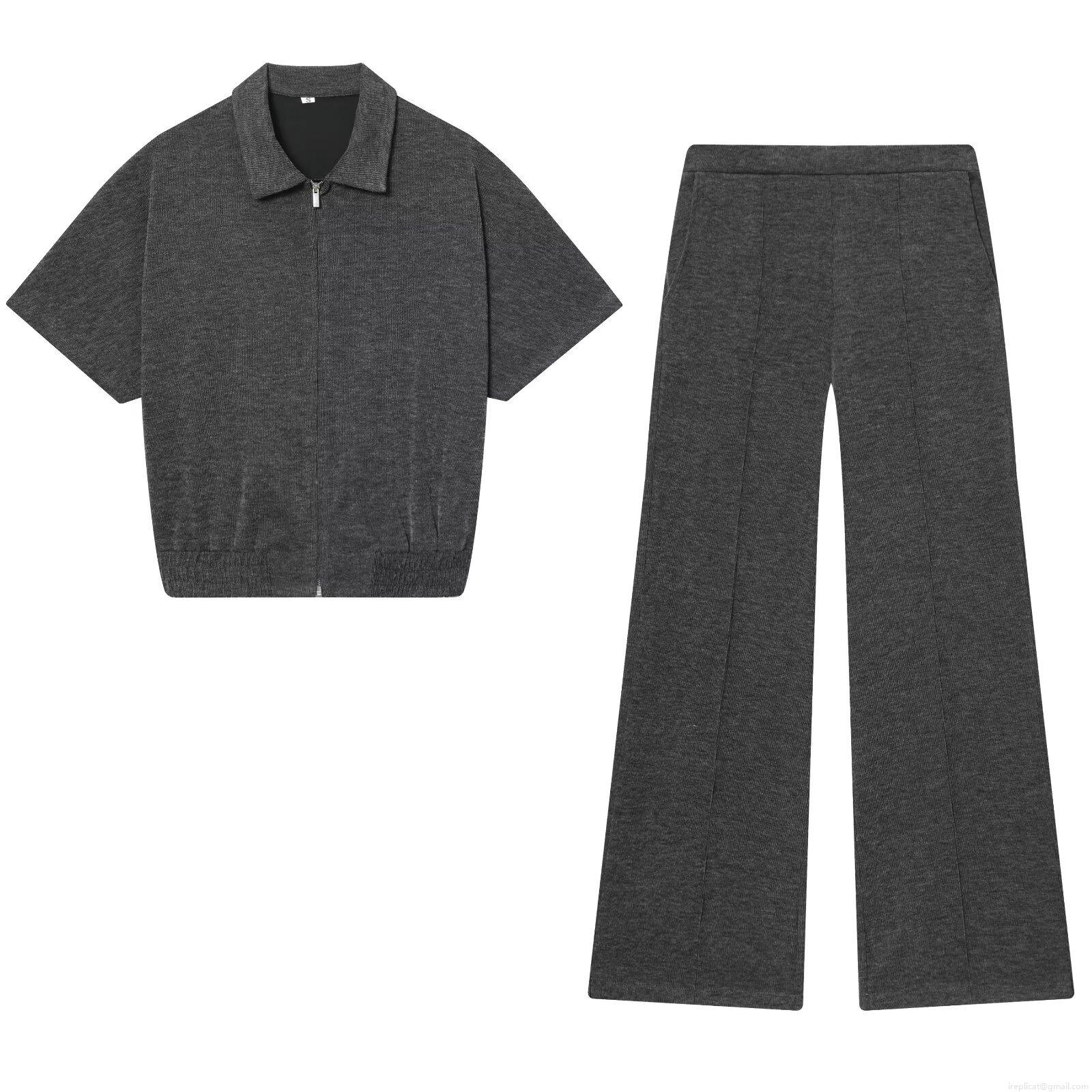 Women's 2 Piece Knit Outfits Set Half Zipper Short Sleeve Polo Top And Wide Leg Pants High Waisted Tracksuit Casual Lounge Set Streetwear Women's 2 Piece Knit Outfits Set Half Zipper Short Sleeve Polo Top And Wide Leg Pants High Waisted Tracksuit Casual Lounge Set Streetwear
