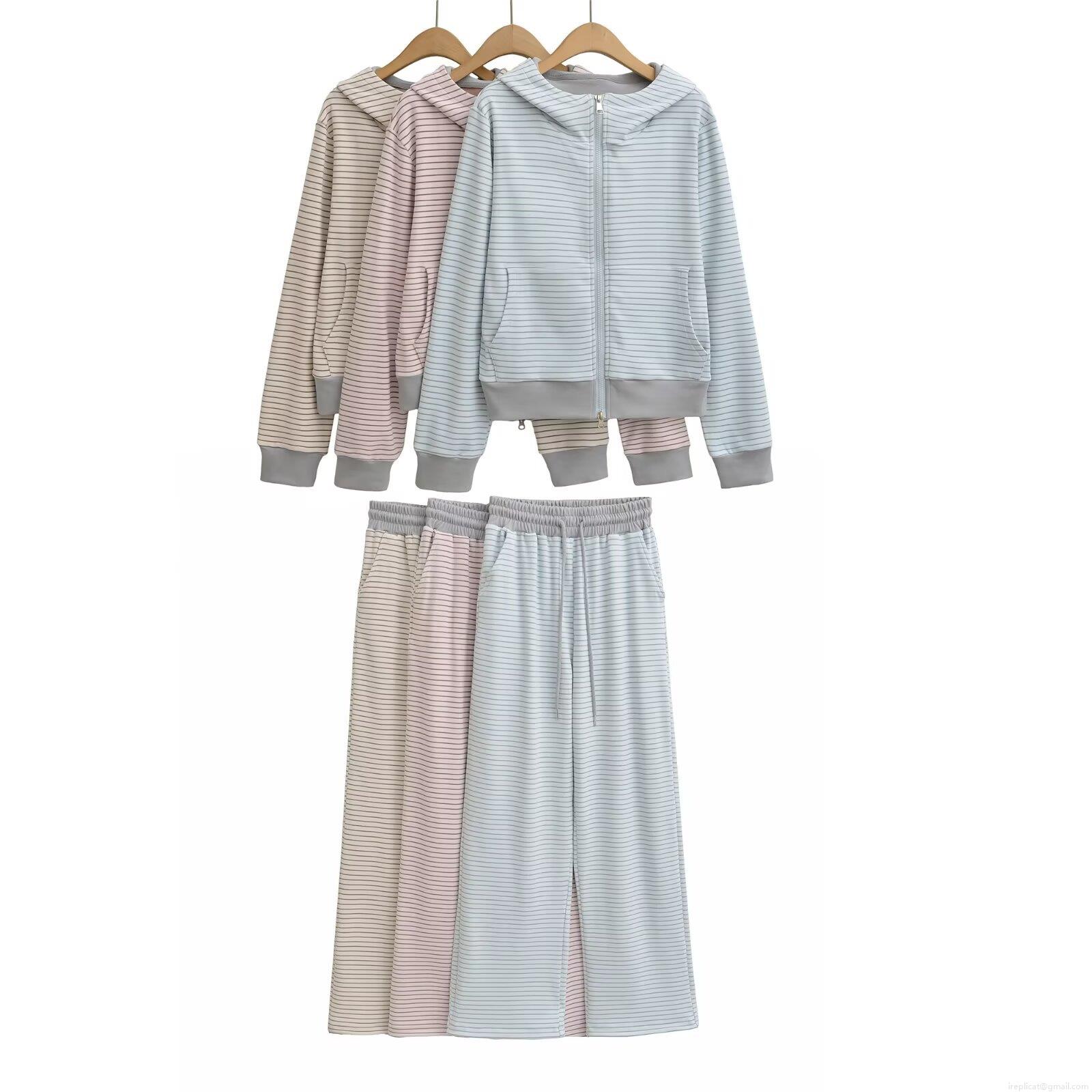 Women\'s Striped Two Piece Casual Set Hooded Long Sleeve Zipper Jacket And Wide Leg Pants Soft Knit Polyester Loungewear Outfits Women\'s Striped Two Piece Casual Set Hooded Long Sleeve Zipper Jacket And Wide Leg Pants Soft Knit Polyester Loungewear Outfits