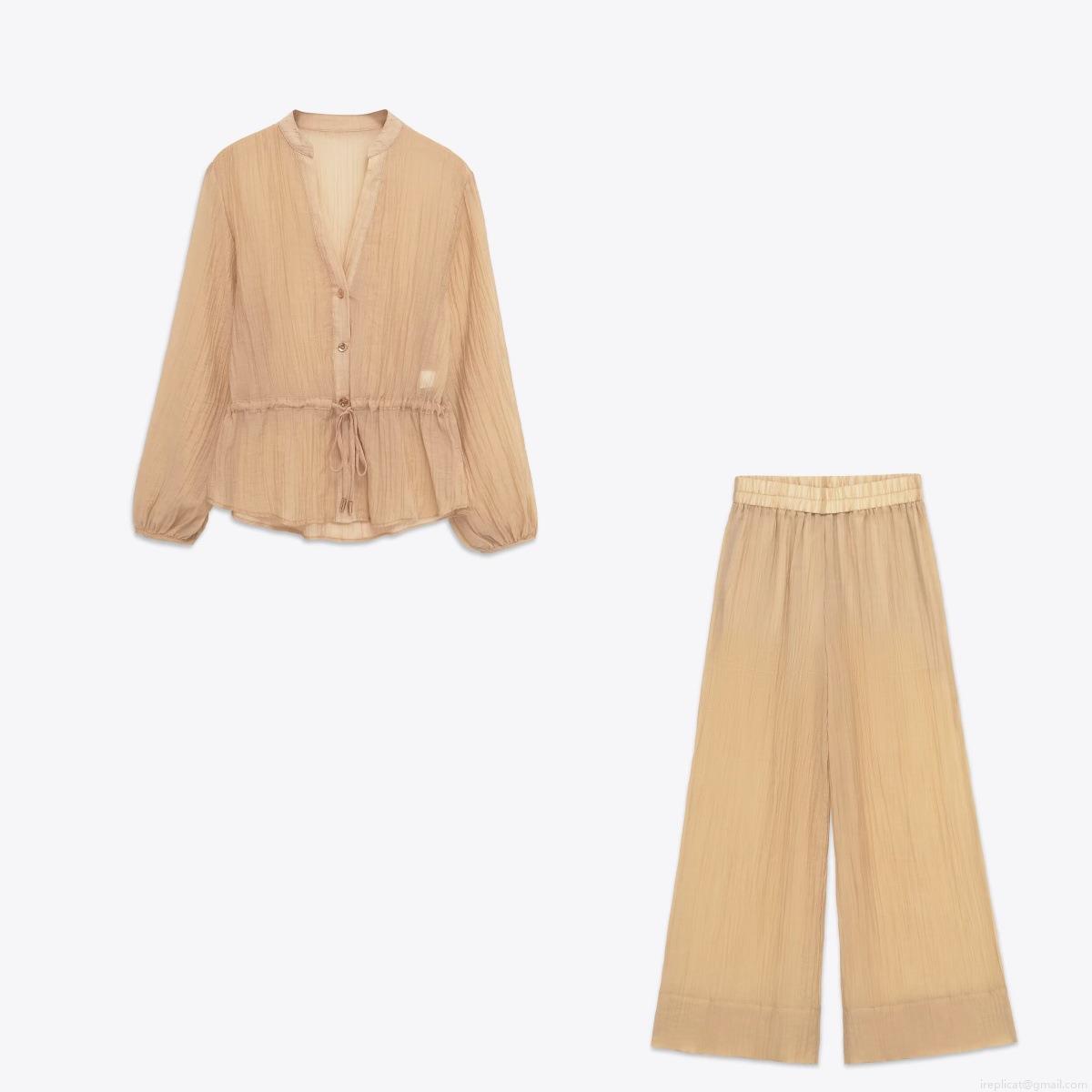 Women's 2025 Autumn Pleated Plisse Two Piece Set Translucent V Neck Long Sleeve Shirt And Wide Leg Pants Minimalist Street Style Apricot Outfits Women's 2025 Autumn Pleated Plisse Two Piece Set Translucent V Neck Long Sleeve Shirt And Wide Leg Pants Minimalist Street Style Apricot Outfits