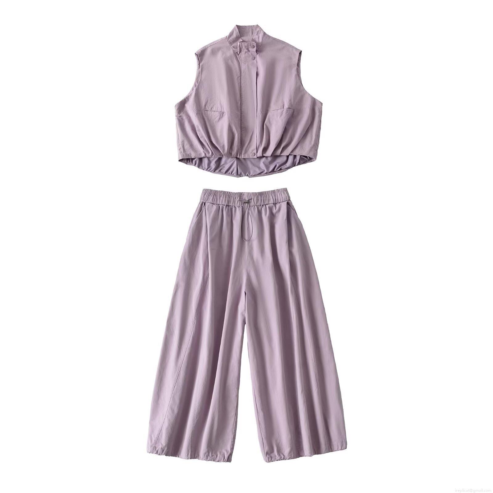 Women\'s Casual Two-Piece Vest Pants Set Stand Collar Sleeveless Vest High Waist Drawstring Wide Leg Pants Polyester Outdoor Streetwear Sweatsuit