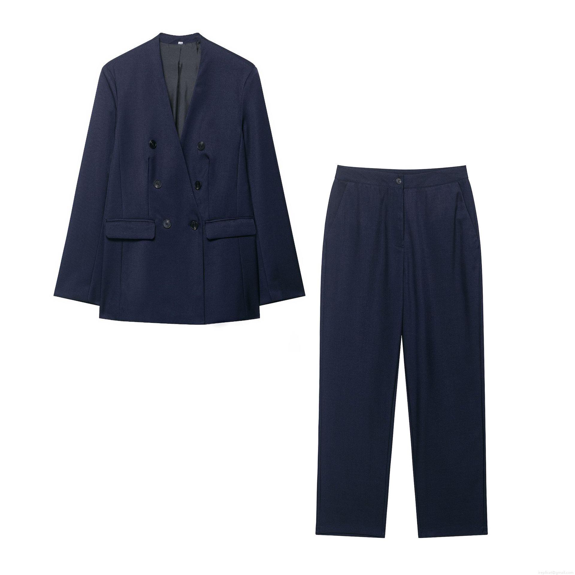 Women's Business Casual 2 Piece Outfits Set Double Breasted V-Neck Blazer And Straight Leg Pants Navy Blue Polyester Office Lady Commute Streetwear Suits Women's Business Casual 2 Piece Outfits Set Double Breasted V-Neck Blazer And Straight Leg Pants Navy Blue Polyester Office Lady Commute Streetwear Suits
