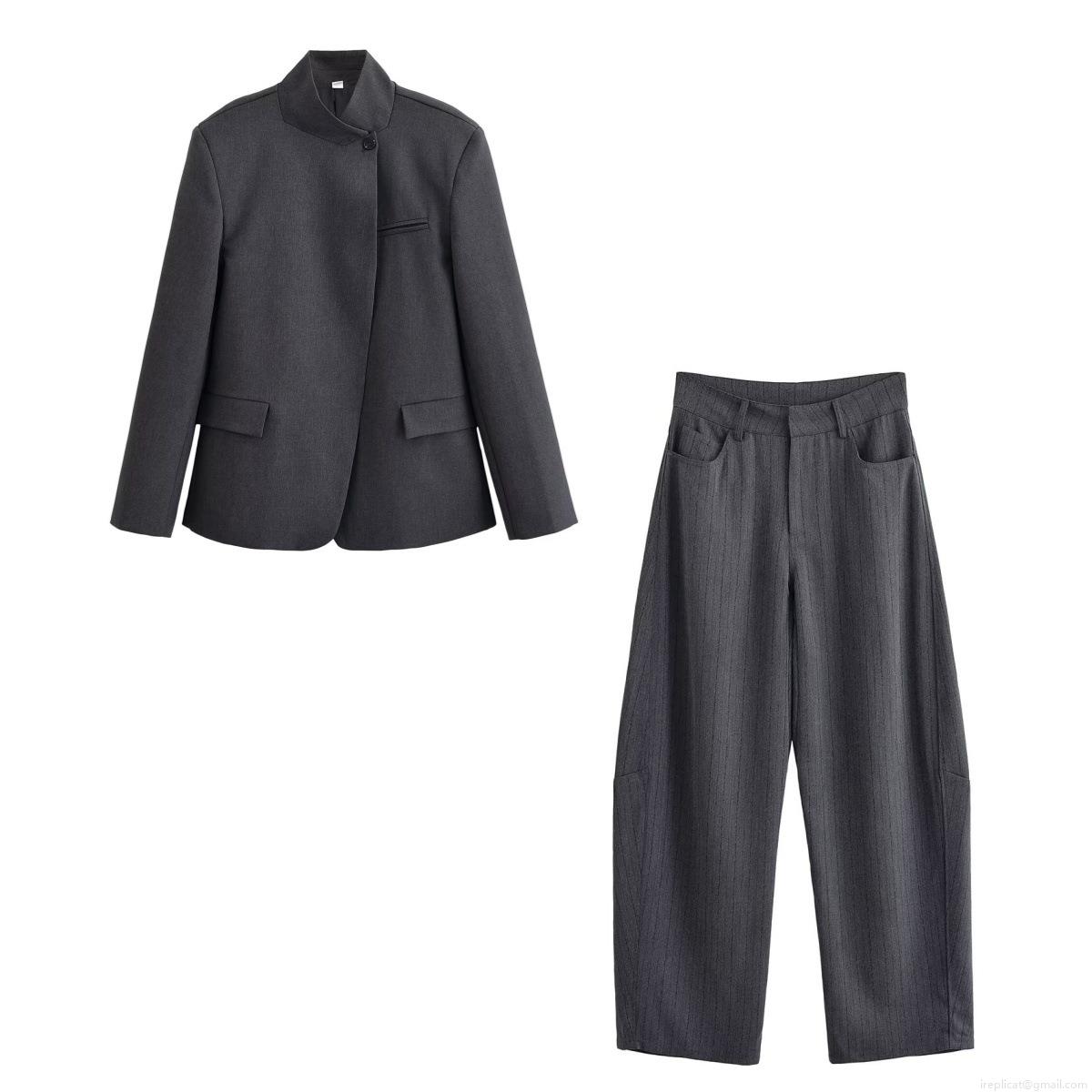Women 100% Polyester Stand Collar Asymmetrical Single Button Blazer And High Waist Wide Leg Striped Pants Two Piece Set Office Lady Streetwear Women 100% Polyester Stand Collar Asymmetrical Single Button Blazer And High Waist Wide Leg Striped Pants Two Piece Set Office Lady Streetwear