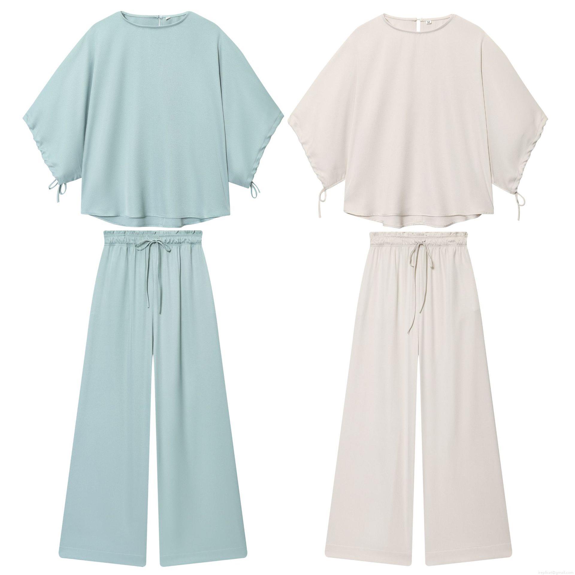 Women's Casual Two Piece Pants Set Polyester Solid Color Short Sleeve Tie Cuff Shirt And High Waist Wide Leg Long Trousers Suit For Daily Streetwear Women's Casual Two Piece Pants Set Polyester Solid Color Short Sleeve Tie Cuff Shirt And High Waist Wide Leg Long Trousers Suit For Daily Streetwear