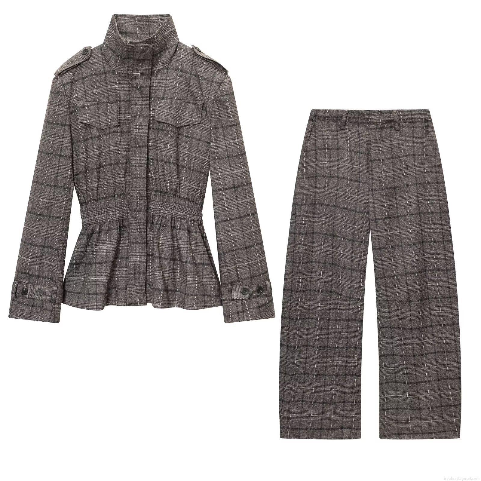 Women's 2-Piece Plaid Suit Set Woven Polyester Waist Cinching Stand Collar Jacket And Wide Leg Pants European Street Style Autumn Winter Outfit Office Streetwear Women's 2-Piece Plaid Suit Set Woven Polyester Waist Cinching Stand Collar Jacket And Wide Leg Pants European Street Style Autumn Winter Outfit Office Streetwear