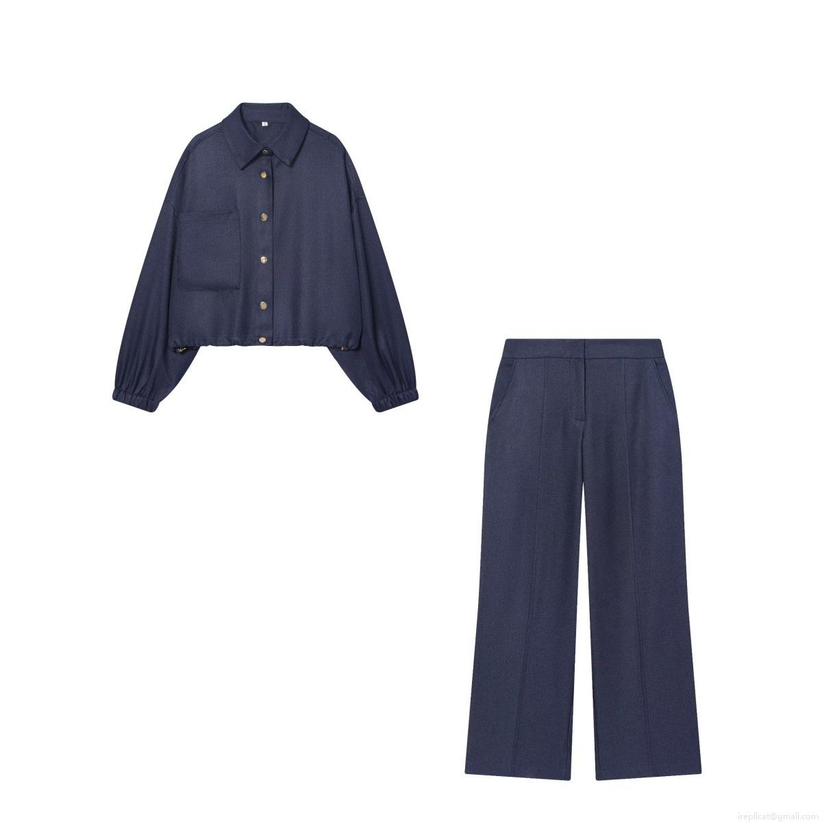 Women European Style Twill Casual Two Piece Set Short Jacket With Wide Leg Pants Navy Blue Drawstring Hem Outwear Trousers Set For Streetwear Daily Wear Women European Style Twill Casual Two Piece Set Short Jacket With Wide Leg Pants Navy Blue Drawstring Hem Outwear Trousers Set For Streetwear Daily Wear