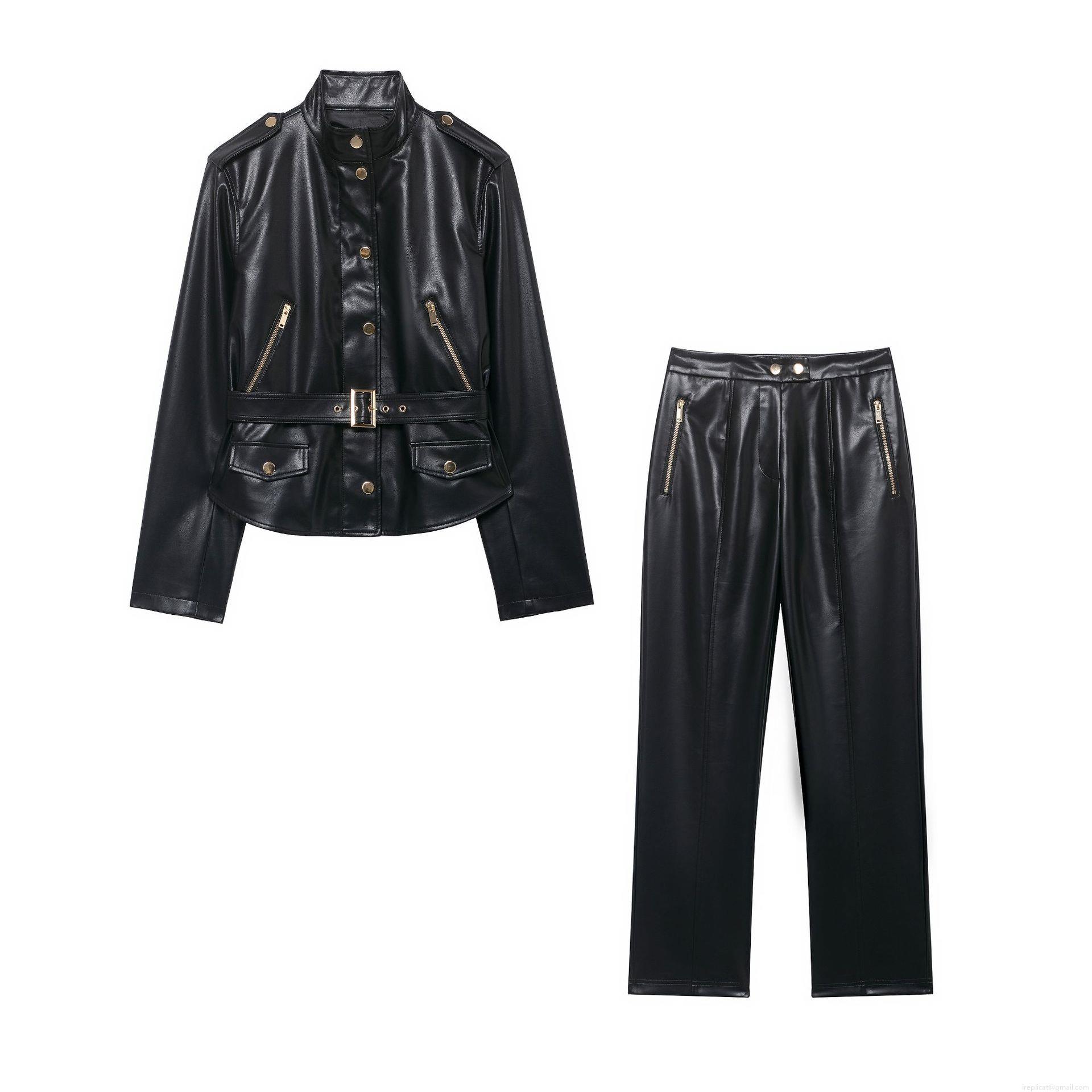 Women's PU Leather Moto Jacket and Pants 2 Piece Set Faux Leather Suit With Belt Gold Zipper Streetwear Casual Outfit Autumn Winter Women's PU Leather Moto Jacket and Pants 2 Piece Set Faux Leather Suit With Belt Gold Zipper Streetwear Casual Outfit Autumn Winter