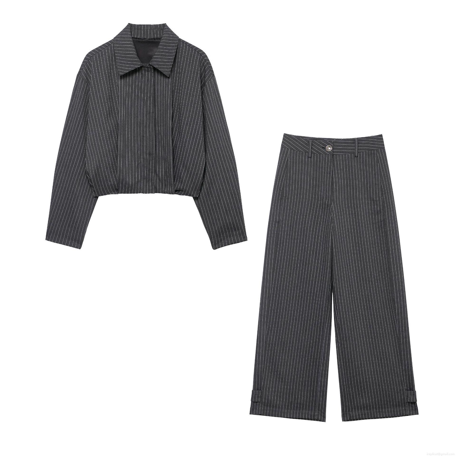 Women's 2 Piece Stripe Outfits Long Sleeve Short Jacket Coat And High Waist Wide Leg Pants Set 100% Polyester Casual Suit Set Streetwear For Women Women's 2 Piece Stripe Outfits Long Sleeve Short Jacket Coat And High Waist Wide Leg Pants Set 100% Polyester Casual Suit Set Streetwear For Women