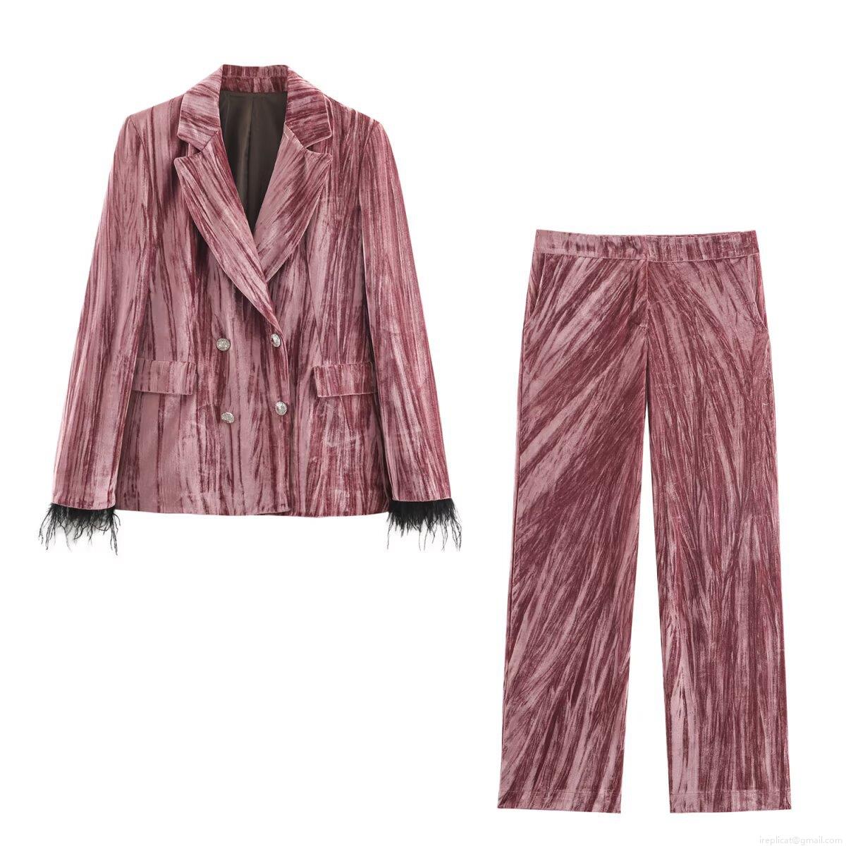 Women's Elegant Embossed Velvet Two Piece Set Black Feather Trim Double Breasted Blazer and High Waist Wide Leg Pants Suit Autumn Winter Streetwear Outfit Women's Elegant Embossed Velvet Two Piece Set Black Feather Trim Double Breasted Blazer and High Waist Wide Leg Pants Suit Autumn Winter Streetwear Outfit