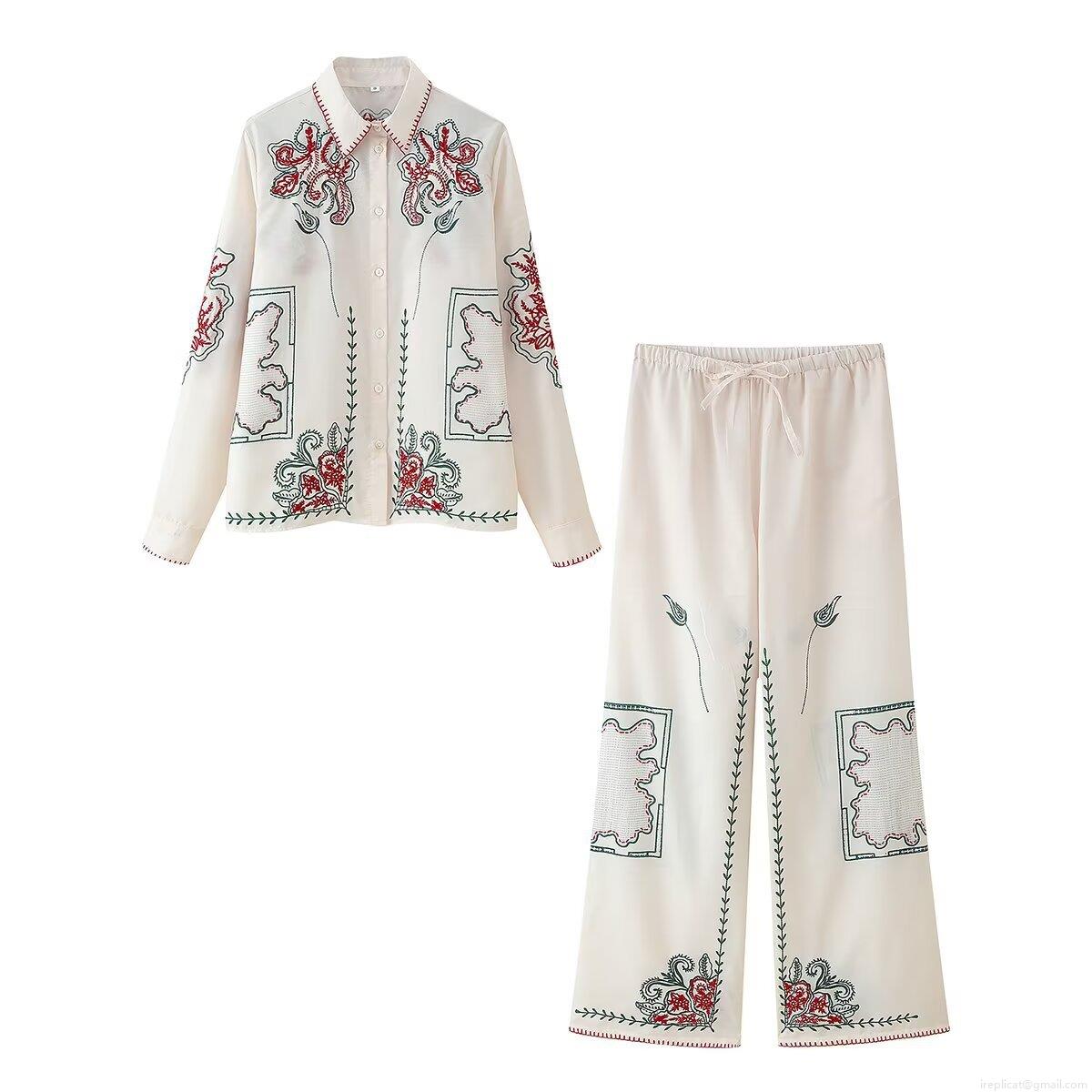 Women's Embroidery Long Sleeve Button Down Shirt And High Waist Wide Leg Pants Set Polyester Blend Casual Bohemian Floral 2-Piece Suits For Women Women's Embroidery Long Sleeve Button Down Shirt And High Waist Wide Leg Pants Set Polyester Blend Casual Bohemian Floral 2-Piece Suits For Women