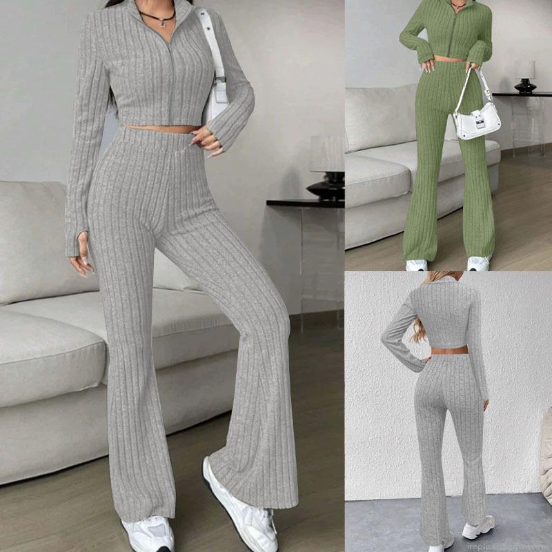 Women 2 Piece Ribbed Knit Set Long Sleeve Zip Up Cardigan Top High Waisted Flare Pants Casual Tracksuit Solid Color Autumn Winter Loungewear Outfit Women 2 Piece Ribbed Knit Set Long Sleeve Zip Up Cardigan Top High Waisted Flare Pants Casual Tracksuit Solid Color Autumn Winter Loungewear Outfit