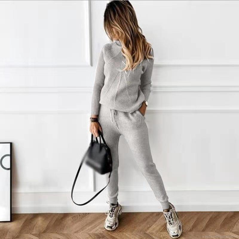 Women's Knit Two Piece Set High Neck Long Sleeve Pullover Sweater And Drawstring Sweatpants Casual Solid Color Tracksuit For Fall Winter Women's Knit Two Piece Set High Neck Long Sleeve Pullover Sweater And Drawstring Sweatpants Casual Solid Color Tracksuit For Fall Winter