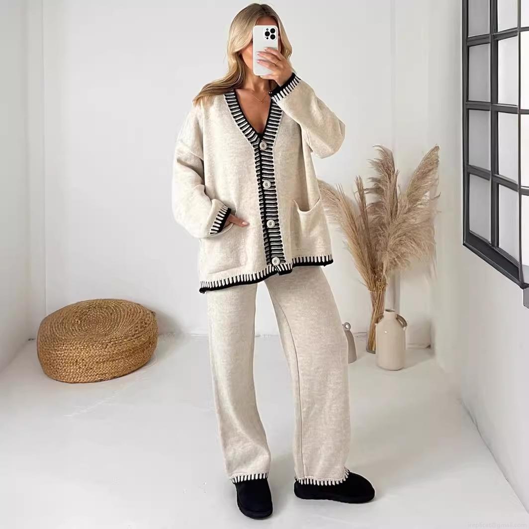 Women's 2 Piece Knit Set V Neck Single Breasted Cardigan and Wide Leg Pants Contrast Stitching Casual Loungewear Outfits Women's 2 Piece Knit Set V Neck Single Breasted Cardigan and Wide Leg Pants Contrast Stitching Casual Loungewear Outfits