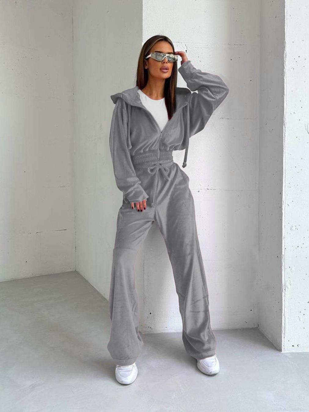 Women's Velour Two-Piece Tracksuit Set Hooded Zip-Up Cropped Hoodie and High Waisted Wide Leg Pants Velvet Casual Sporty Lounge Set Women's Velour Two-Piece Tracksuit Set Hooded Zip-Up Cropped Hoodie and High Waisted Wide Leg Pants Velvet Casual Sporty Lounge Set