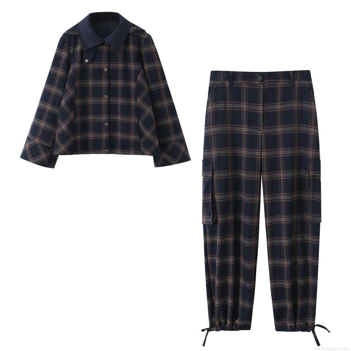 Women's Plaid Hooded Jacket and Cargo Pants Set Polyester Spandex Blend Loose Fit Tartan Outerwear and Trousers with Pockets for Autumn Winter Women's Plaid Hooded Jacket and Cargo Pants Set Polyester Spandex Blend Loose Fit Tartan Outerwear and Trousers with Pockets for Autumn Winter
