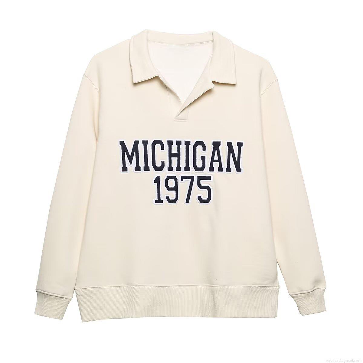 Women Fashion Casual Two Piece Set Fleece Lined Michigan 1975 Letter Print Polo Sweatshirt And Joggers Sport Pants Suit For Winter Daily Wear Women Fashion Casual Two Piece Set Fleece Lined Michigan 1975 Letter Print Polo Sweatshirt And Joggers Sport Pants Suit For Winter Daily Wear