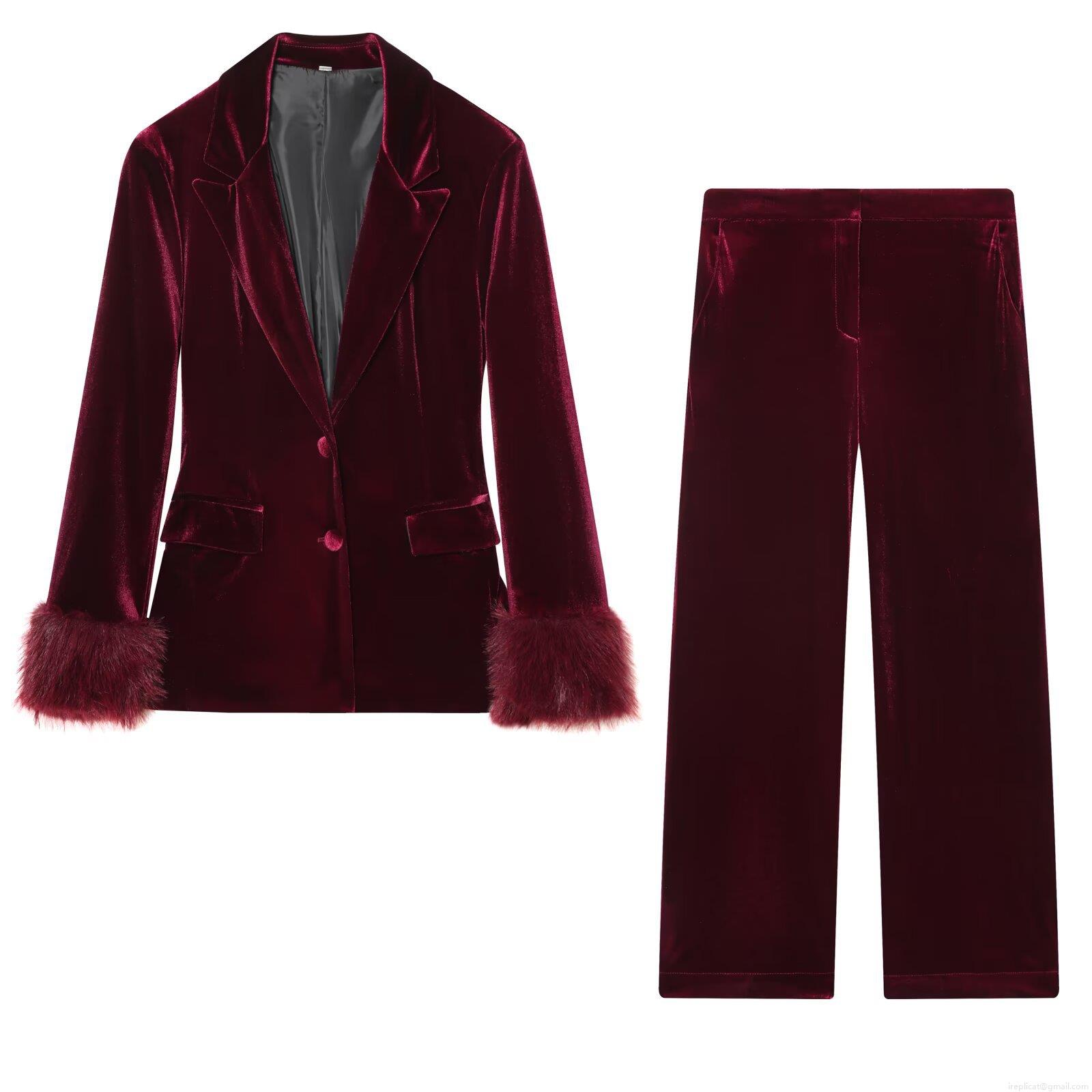 Women's Wine Red Velvet Suit Set Elegant Blazer With Feather Trim Cuffs And Wide Leg Pants Formal Commute Party Evening Two Piece Outfit Women's Wine Red Velvet Suit Set Elegant Blazer With Feather Trim Cuffs And Wide Leg Pants Formal Commute Party Evening Two Piece Outfit