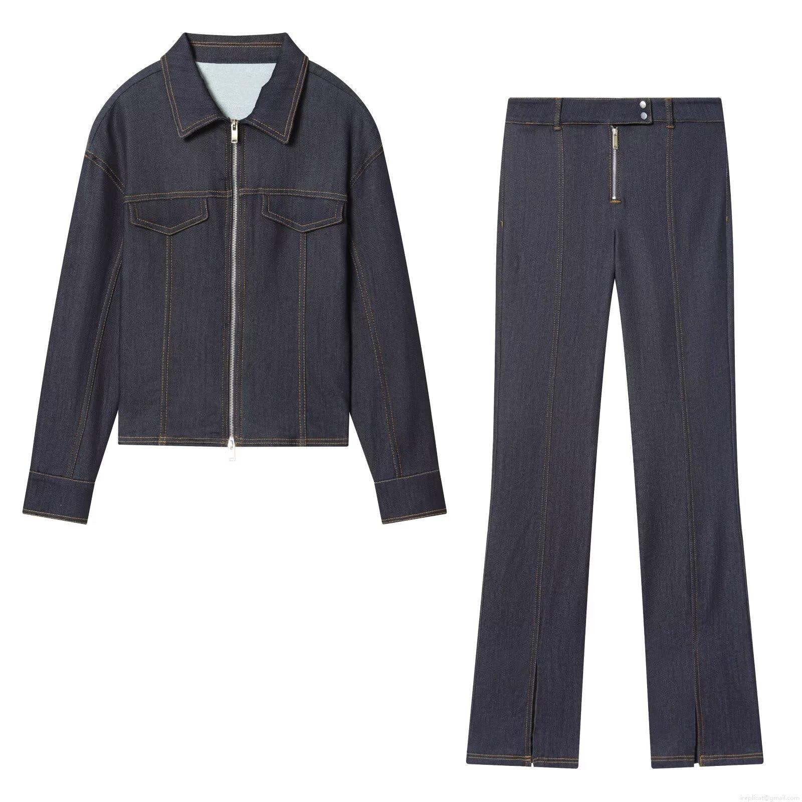Women's Casual Dark Blue Denim Set Zipper Up Jacket and High Waist Slit Hem Pants Cotton Blend Spandex Fashion Two Piece Outfit For Winter Women's Casual Dark Blue Denim Set Zipper Up Jacket and High Waist Slit Hem Pants Cotton Blend Spandex Fashion Two Piece Outfit For Winter