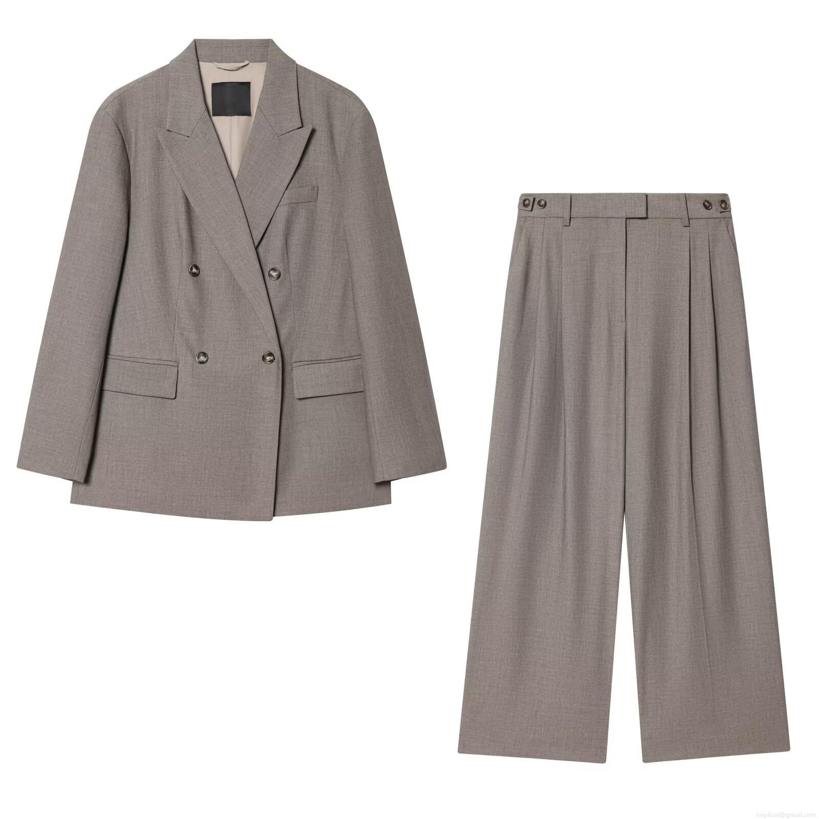 Women Elegant Double Breasted Blazer High Waist Wide Leg Trousers Suit Set Office Commute Woven Polyester Spandex Solid Gray Two Piece Outfit for Ladies Women Elegant Double Breasted Blazer High Waist Wide Leg Trousers Suit Set Office Commute Woven Polyester Spandex Solid Gray Two Piece Outfit for Ladies