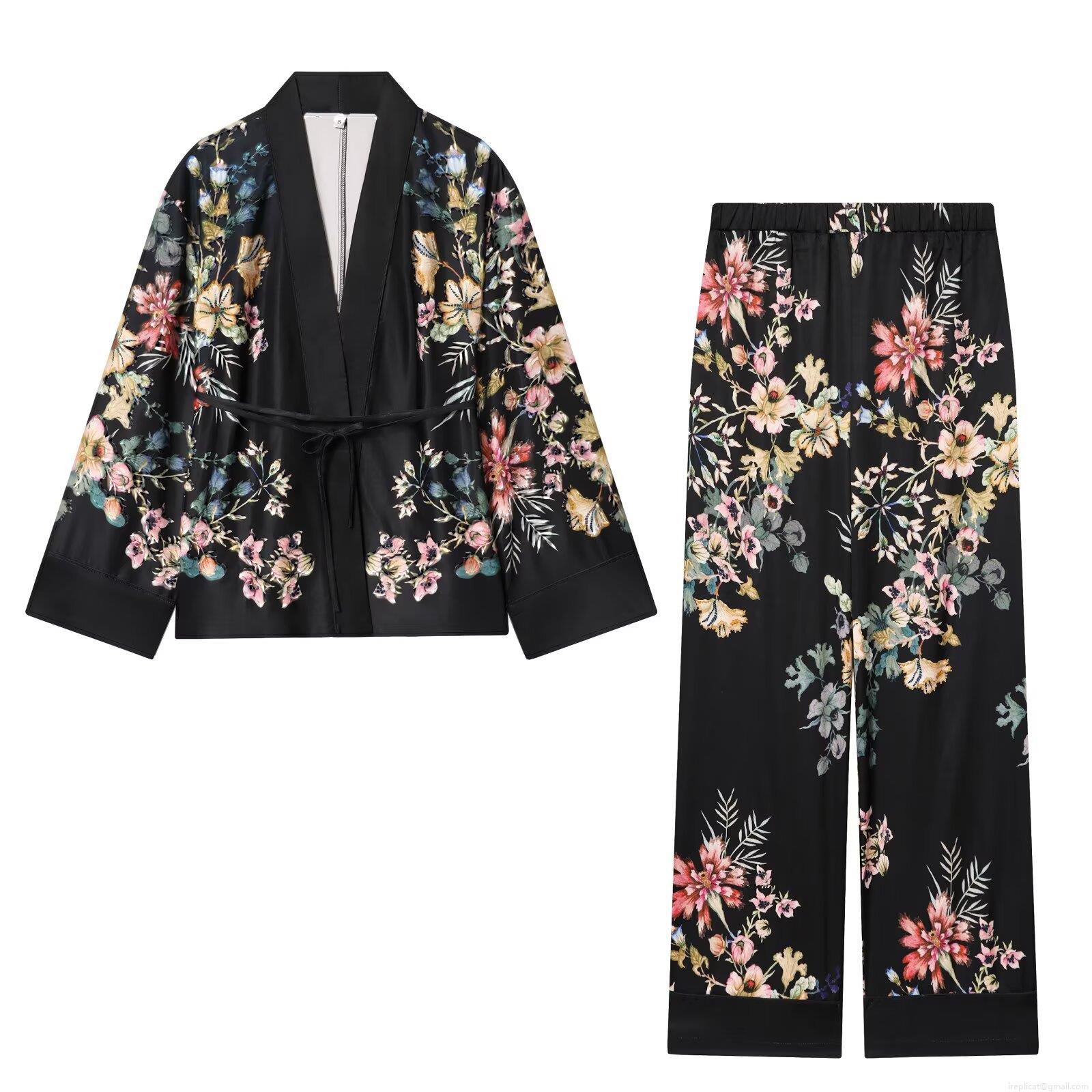 Women's Kimono Style Floral Print Two Piece Set Satin Feel Tie Front Cardigan Jacket And Elastic Waist Wide Leg Pants Vintage Casual Loungewear Suit Women's Kimono Style Floral Print Two Piece Set Satin Feel Tie Front Cardigan Jacket And Elastic Waist Wide Leg Pants Vintage Casual Loungewear Suit