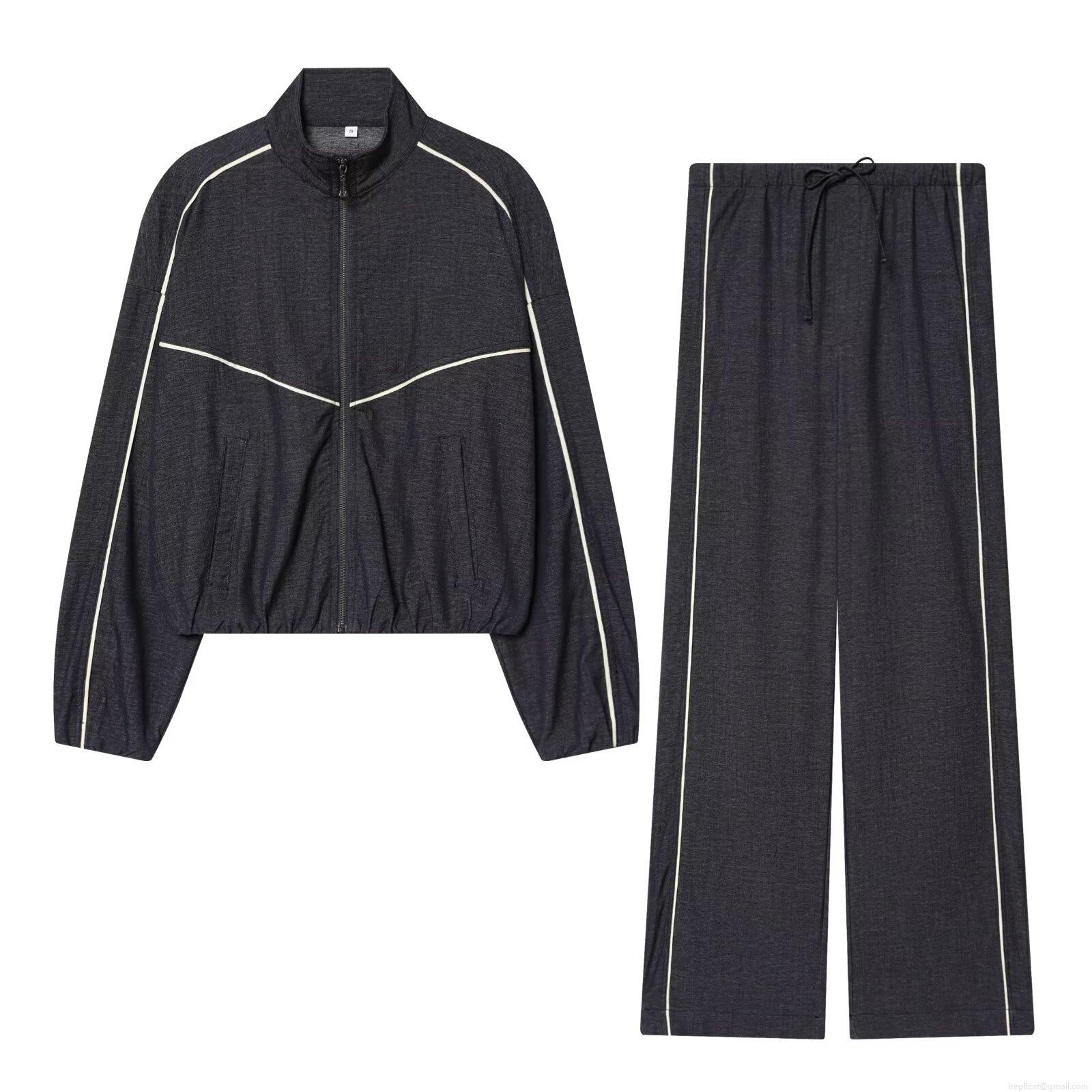 Women's Dark Grey Denim Jacket Or Wide Leg Pants Set Fashion Loose Stand Collar Zip Up Top White Striped Casual Sporty Trousers Streetwear Women's Dark Grey Denim Jacket Or Wide Leg Pants Set Fashion Loose Stand Collar Zip Up Top White Striped Casual Sporty Trousers Streetwear