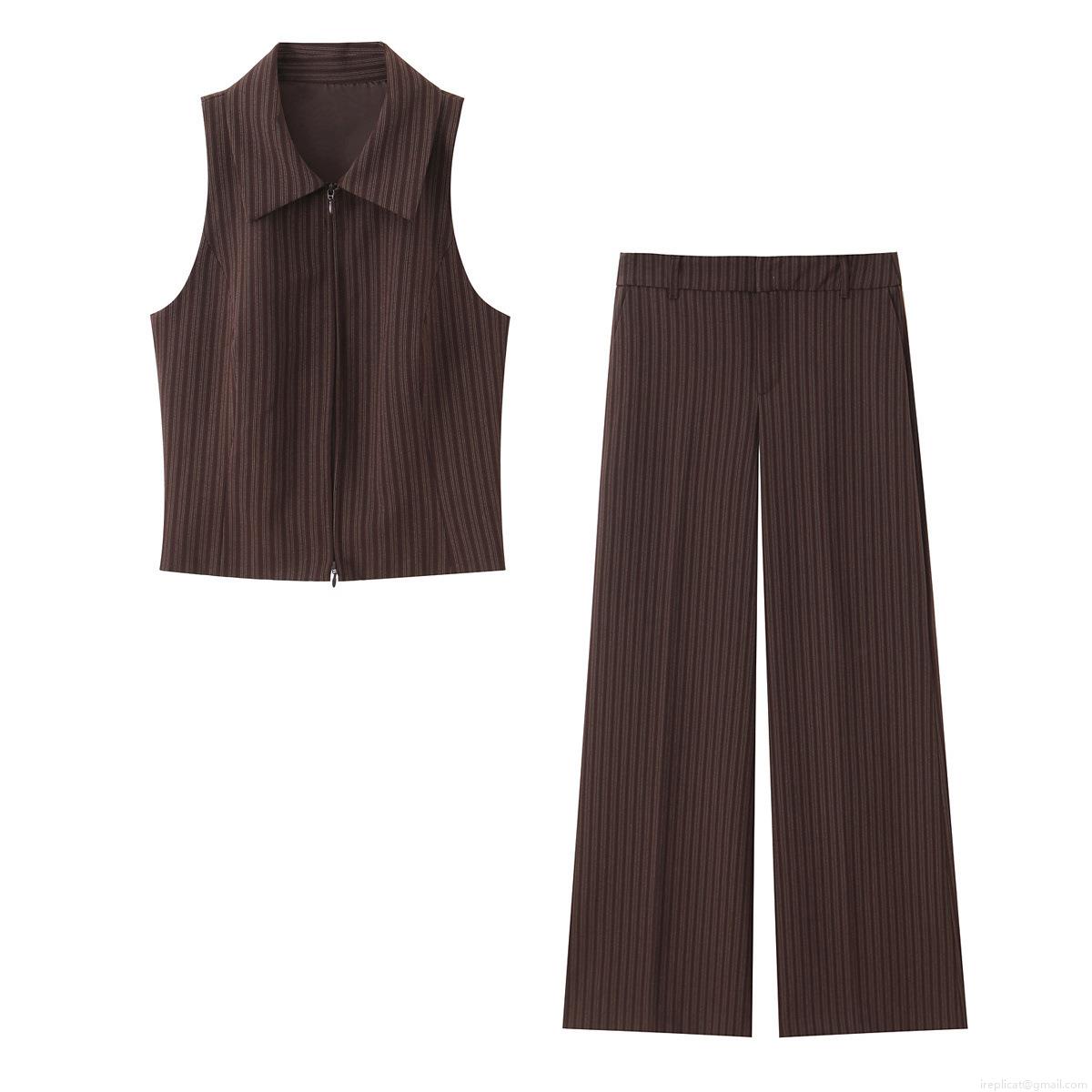 Women Striped Sleeveless Vest And High Waist Wide Leg Pants Set Brown Zipper Lapel Top Straight Trousers OL Career Suits For Fall Winter Women Striped Sleeveless Vest And High Waist Wide Leg Pants Set Brown Zipper Lapel Top Straight Trousers OL Career Suits For Fall Winter