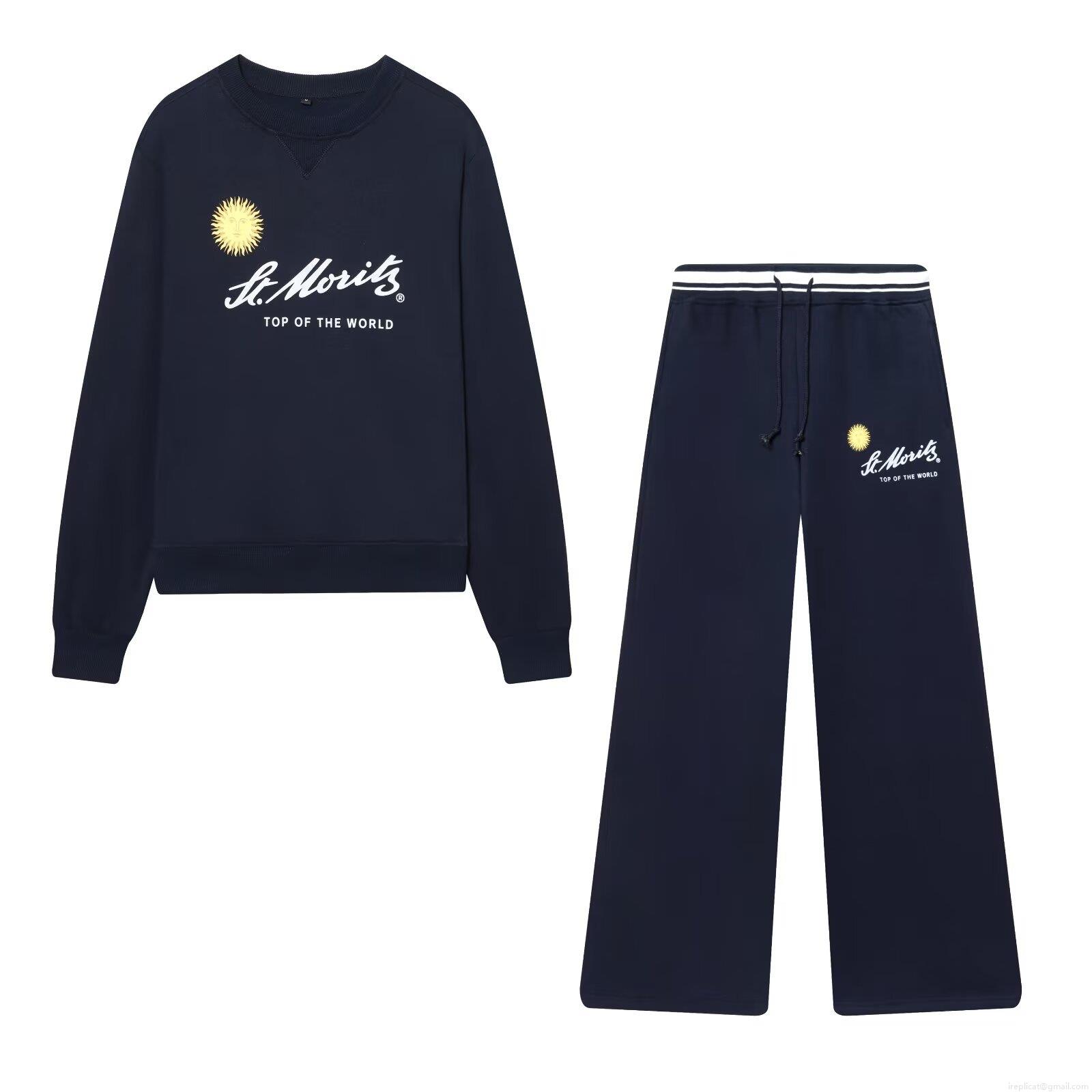 Women's Two Piece Casual Tracksuit 85% Cotton Fleece Round Neck Sweatshirt and Wide Leg Pants St. Moritz Print Winter Athleisure Lounge Set