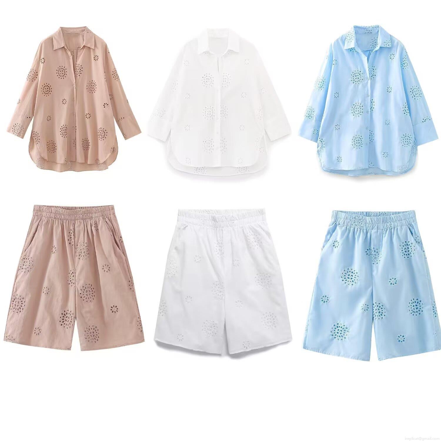 Women's Casual Two-Piece Set Cotton Blend Eyelet Embroidery Long Sleeve Button Down Shirt and Elastic Waist Shorts Suit for Summer Fashion Women's Casual Two-Piece Set Cotton Blend Eyelet Embroidery Long Sleeve Button Down Shirt and Elastic Waist Shorts Suit for Summer Fashion