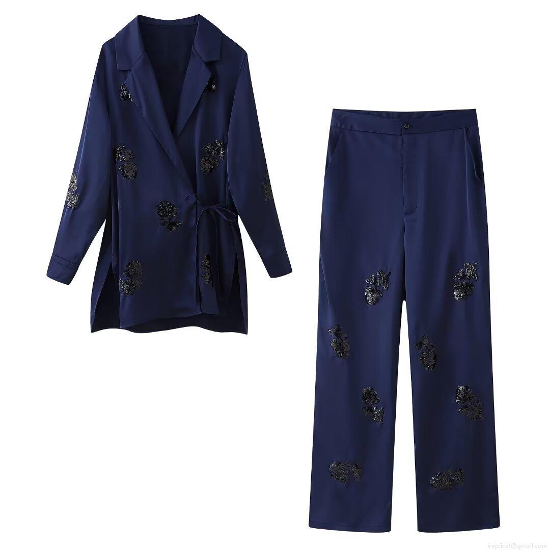 Women's Elegant Navy Blue Sequin Satin Two-Piece Set Sequin Floral Kimono Wrap Top And Wide Leg Pants Set For Party Formal Event Women's Elegant Navy Blue Sequin Satin Two-Piece Set Sequin Floral Kimono Wrap Top And Wide Leg Pants Set For Party Formal Event