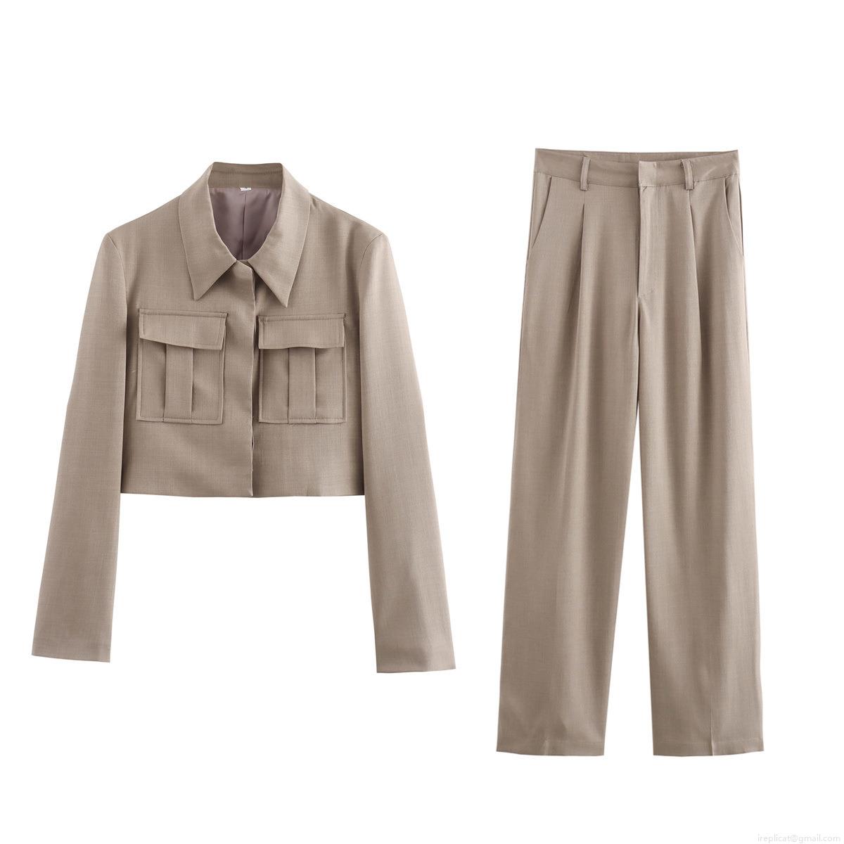 Women's Casual Solid Color Long Sleeve Button Crop Jacket And High Waist Wide Leg Trousers Suit Fashion Modern Polyester Office Wear Outfit Women's Casual Solid Color Long Sleeve Button Crop Jacket And High Waist Wide Leg Trousers Suit Fashion Modern Polyester Office Wear Outfit
