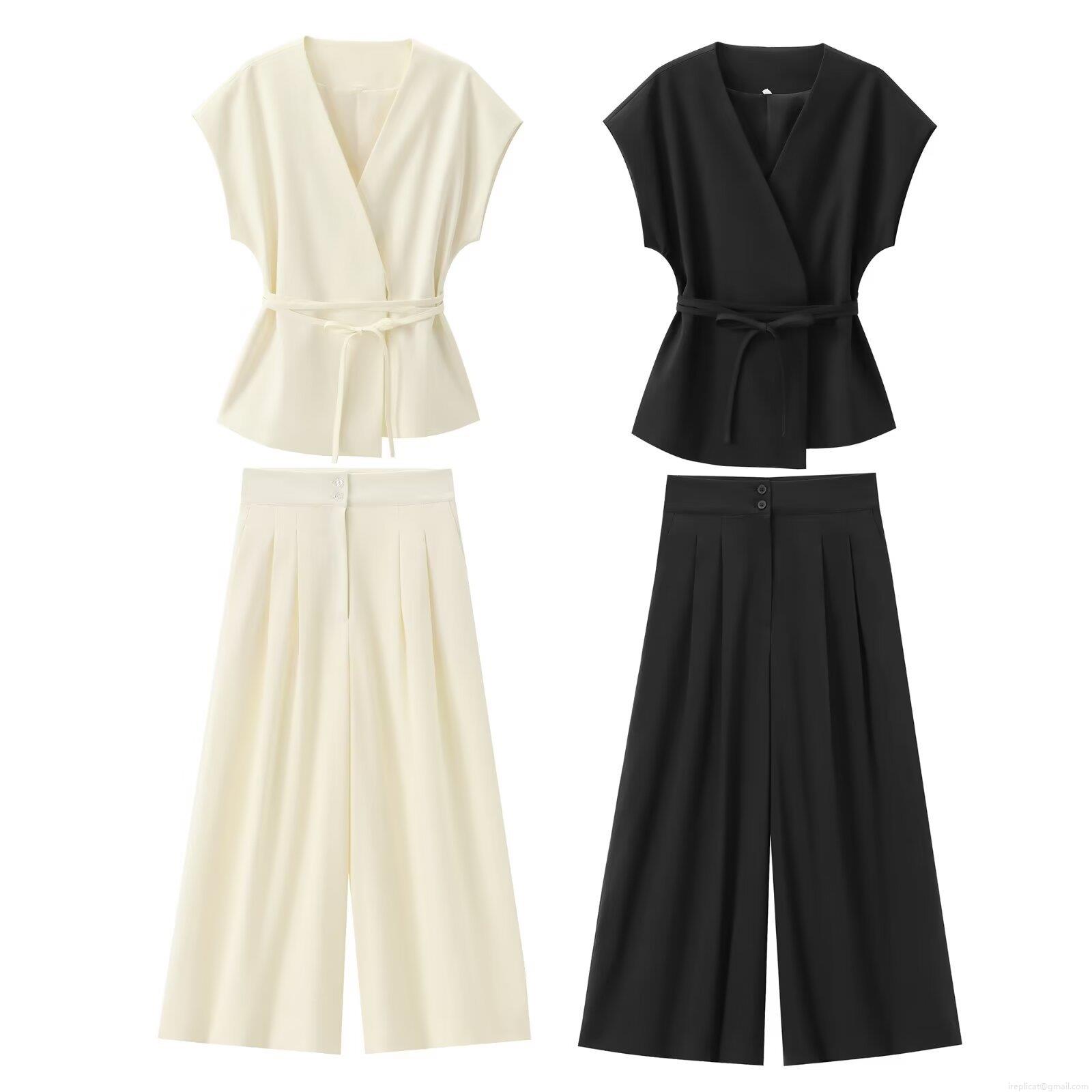 Women Elegant Minimalist Business Suit Set V-Neck Sleeveless Tie Waist Wrap Top High Waisted Wide Leg Pants Co-ord Office Work Party Daily Polyester Blend Outfit Women Elegant Minimalist Business Suit Set V-Neck Sleeveless Tie Waist Wrap Top High Waisted Wide Leg Pants Co-ord Office Work Party Daily Polyester Blend Outfit
