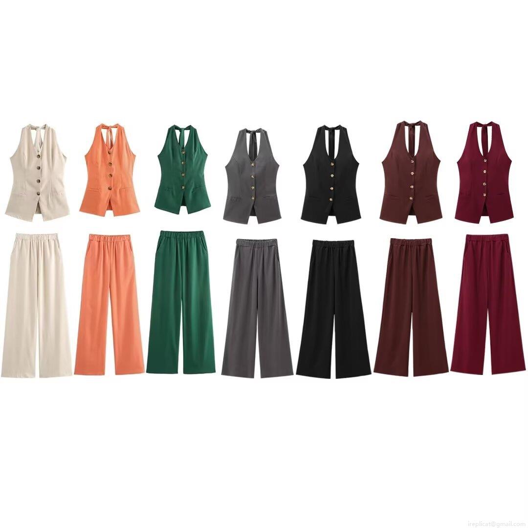 Women's 2 Piece Outfits Halter Neck Button Down Vest And High Waisted Wide Leg Pants Set Cotton Linen Blend Sleeveless Solid Color Summer Beach Vacation Pants Suit Women's 2 Piece Outfits Halter Neck Button Down Vest And High Waisted Wide Leg Pants Set Cotton Linen Blend Sleeveless Solid Color Summer Beach Vacation Pants Suit