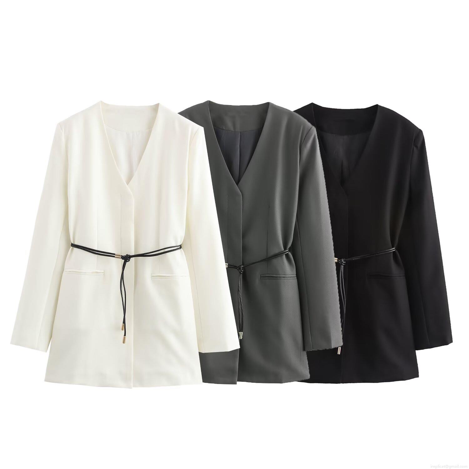 Women's Elegant Office Suit Set Long Sleeve Collarless Blazer with Belt and High Waist Straight Leg Pants Solid Color Commute Outfit Polyester Spandex Women's Elegant Office Suit Set Long Sleeve Collarless Blazer with Belt and High Waist Straight Leg Pants Solid Color Commute Outfit Polyester Spandex